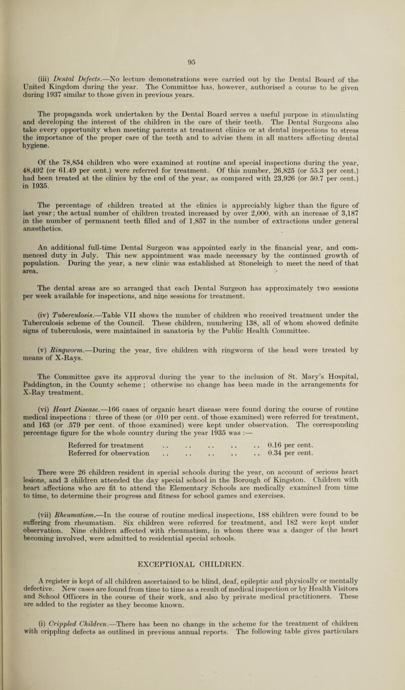 (iii) Dental Defects.—No lecture demonstrations were carried out by the Dental Board of the United Kingdom during the year. The Committee has, however, authorised a course to be given during 1937 similar to those given in previous years. The propaganda work undertaken by the Dental Board serves a useful purpose in stimulating and developing the interest of the children in the care of their teeth. The Dental Surgeons also take every opportunity when meeting parents at treatment clinics or at dental inspections to stress the importance of the proper care of the teeth and to advise them in all matters affecting dental hygiene. Of the 78,854 children who were examined at routine and special inspections during the year, 48,492 (or 61.49 per cent.) were referred for treatment. Of this number, 26,825 (or 55.3 per cent.) had been treated at the clinics by the end of the year, as compared with 23,926 (or 50.7 per cent.) in 1935. The percentage of children treated at the clinics is appreciably higher than the figure of last year; the actual number of children treated increased by over 2,000, with an increase of 3,187 in the number of permanent teeth filled and of 1,857 in the number of extractions under general anaesthetics. An additional full-time Dental Surgeon was appointed early in the financial year, and com¬ menced duty in July. This new appointment was made necessary by the continued growth of population. During the year, a new clinic was established at Stoneleigh to meet the need of that area. The dental areas are so arranged that each Dental Surgeon has approximately two sessions per week available for inspections, and nipe sessions for treatment. (iv) Tuberculosis.—Table VII shows the number of children who received treatment under the Tuberculosis scheme of the Council. These children, numbering 138, all of whom showed definite signs of tuberculosis, were maintained in sanatoria by the Public Health Committee. (v) Ringworm.—During the year, five children with ringworm of the head were treated by means of X-Rays. The Committee gave its approval during the year to the inclusion of St. Mary’s Hospital, Paddington, in the County scheme ; otherwise no change has been made in the arrangements for X-Ray treatment. (vi) Heart Disease.—166 cases of organic heart disease were found during the course of routine medical inspections : three of these (or .010 per cent, of those examined) were referred for treatment, and 163 (or .579 per cent, of those examined) were kept under observation. The corresponding percentage figure for the whole country during the year 1935 was :— Referred for treatment .. .. .. .. .. 0.16 per cent. Referred for observation . . . . .. .. .. 0.34 per cent. There were 26 children resident in special schools during the year, on account of serious heart lesions, and 3 children attended the day special school in the Borough of Kingston. Children with heart affections who are fit to attend the Elementary Schools are medically examined from time to time, to determine their progress and fitness for school games and exercises. (vii) Rheumatism.—In the course of routine medical inspections, 188 children were found to be suffering from rheumatism. Six children were referred for treatment, and 182 were kept under observation. Nine children affected with rheumatism, in whom there was a danger of the heart becoming involved, were admitted to residential special schools. EXCEPTIONAL CHILDREN. A register is kept of all children ascertained to be blind, deaf, epileptic and physically or mentally defective. New cases are found from time to time as a result of medical inspection or by Health Visitors and School Officers in the course of their work, and also by private medical practitioners. These are added to the register as they become known. (i) Crippled Children.—There has been no change in the scheme for the treatment of children with crippling defects as outlined in previous annual reports. The following table gives particulars