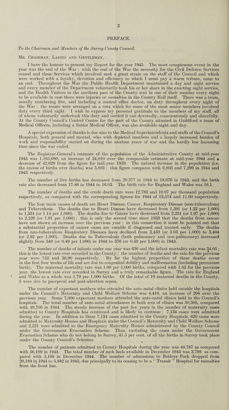 The death rate from pulmonary tuberculosis was 0.42, i.e. the same as for the previous year. The number of new notifications and the case rate both decreased, from 1,218 and 1.07 per thousand of the population to 1,117 and 0.96 respectively. Tor non-pulmonary tuberculosis the corresponding figures were 261 and 0.'23 per thousand in 1944 and 213 and 0.18 per thousand in 1945. The total attendances at the Chest Clinics during the year were 25,509, as compared with 23,429 in 1944 ; and the number of new cases diagnosed as tuberculous at the dispensaries was 1,461 (in¬ cluding 129 contacts diagnosed as tuberculous), as compared with 1,368 in 1944. I would draw attention to the first detailed report on the working of the X-ray plant for Mass Radiography, which was acquired by the County Council towards the end of 1944. The total number of persons examined up to 31st December, 1945, was 28,218, comprising 15,586 males and 12,632 females. Omitting 36 previously known cases, a total of 750 new cases of Tuberculosis were discovered, of whom 549 were inactive and required no further action, and 201 were active cases of pulmonary tuberculosis, being 0.71 per cent, of the total number of persons examined. In the report for the year 1944 mention was made of the serious difficulties which had and were being experienced owing to the shortage of beds for pulmonary tuberculosis ; this position has become increasingly serious in spite of all the efforts made. The grave shortage of both domestic and nursing staff is imperilling or even denying to patients the chance of treatment and recovery, and first-class accommodation has actually had to be closed notwithstanding a long waiting list of patients. The shortage of staff both nursing and domestic, is equally serious in all the Council’s hospitals, both general and mental. The course of Venereal Disease in Surrey is shown in the interesting table on page 35. The number of new licences granted for the production of Tuberculin Tested milk continues to increase and at the 31st December, 1945, 170,licences were in force. This number compares with 139 at the end of the previous year and 91 on the 31st December, 1939. Considerable progress has been made in the improvement of the buildings, equipment and methods used in the production of both Tuberculin Tested and Accredited Milks. Finally, as this is my last Annual Report I must place on record my gratitude to the members of the County Council for the consideration, courtesy and kindness which they have always shown me during my term of office. I have been proud to serve the Surrey County Council and I have been very happy in my service. In my own staff, both senior and junior, I have been more than fortunate ; from them, both permanent and temporary, in the turmoil and anxiety of the war years and in the calmer years of peace, I have received the most loyal, friendly and willing co-operation and support, and no words are too strong to express my gratitude to them. I have the honour to be, Mr. Chairman, Ladies and Gentlemen, Your obedient Servant, J. FERGUSON, County Medical Officer.