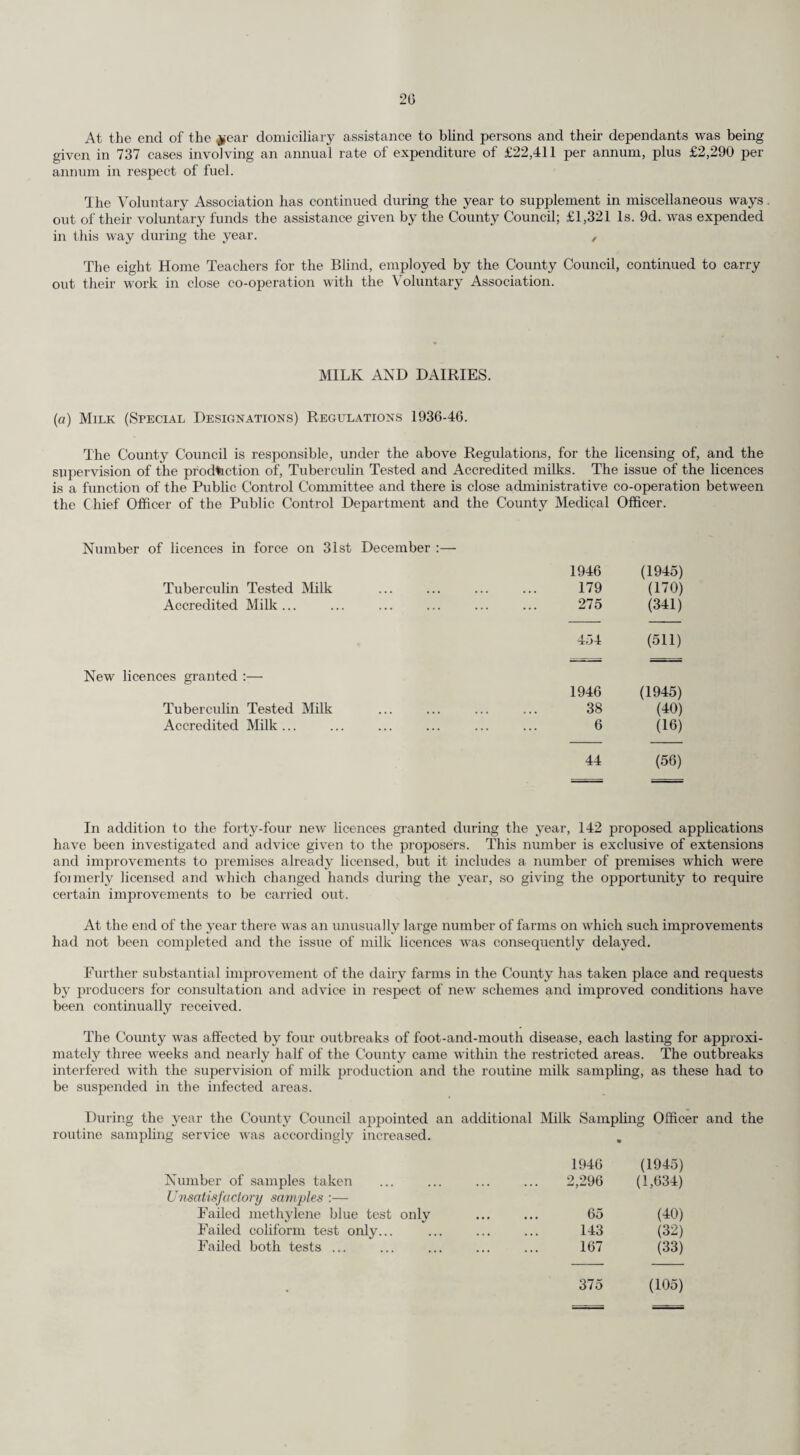 11 Infant Life Protection. At the end of the year there were 280 foster mothers and 549 foster children known to be in the Council’s Maternity and Child Welfare area. During the year 6,923 visits were made by Health Visitors. In the autumn of the year, the Report of the Curtis Committee on the Care of Children was received and a Special Joint Sub-Committee of the Education, Public Health and Public Assistance Committees was appointed to consider its recommendations. Attendances at Welfare Centres :— Children under One Year. Children One—Five Years. Total number of children who were in attendance at end of year. Year. New Cases. Total Attend¬ ances. New Cases. Total Attend¬ ances. Children under one year of age. Children be¬ tween one and five years. Total. 1946 8,770 118,506 2,052 83,983 7,493 17,116 24,609 Adoption of Children (Regulation) Act, 1939. This Act came into force on the 1st June, 1943, and placed certain duties on the Council within its Maternity and Child Welfare area. Under Section 7 of the Act any person participating in the making of arrangements for the adoption and who is not the child’s parent or guardian or the person with whom the child is placed, must notify the Welfare Authority of the area in which the child is to reside, of the arrangement. Such children are supervised by the Health Visitors as in the case of foster children, either until an Adoption Order made in respect of the child becomes operative or until the child reaches the age of nine years. At the end of the year 109 persons had given notice as required in respect of 109 children, and 36 children still remained under supervision. Home Help Scheme. The services of home helps were available in many parts of the Council’s Welfare area to carry on the domestic duties of the home during the incapacity of the mother either before or during the lying-in period. The normal period of employment is fourteen days. Five full-time home helps and 282 occasional home helps were engaged in 490 cases during the year. The Committee is willing to extend the scheme to the fullest extent if suitable home helps could be obtained, but home helps are still exceedingly difficult to find. Domestic Helps. The scheme for the provision of domestic help to householders sick or infirm (whether through old age or otherwise) started during 1945 was continued and expanded. As in the case of home helps it has proved very difficult to find women suitable and willing to undertake this work. During the year three full-time and 20 part-time domestic helps have been employed. Evacuation. In the Annual Reports for 1939-45 reference was made to the increase of work in the Maternity and Child Welfare Services caused by the evacuation of mothers and young children to reception areas in the County and to the establishment of Emergency Maternity Homes and Ante- and Post- Natal Hostels for the accommodation of expectant mothers evacuated under the Government Evacuation Scheme. • During the year 885 expectant mothers were admitted to the Emergency Maternity Homes ; of these 18 were transferred elsewhere before delivery, and 865 were delivered in the Homes. Of the total admissions, no mothers were delivered by Caesarean Section, 27 by instrumental means and in 8 cases the placenta was manually removed. Labour was induced medically in 69 cases and surgically in 9 cases. There were no maternal deaths. Of 869 births, 8 (9.2 per thousand births) were stillborn, and 5 (5.8 per thousand births) died before discharge. Some of the Nursery parties evacuated from London have remained in the County ; at the end of 1946 there were 10 residential nurseries with accommodation for 277 children as compared with 18 residential nurseries with 551 places at the end of 1945. Day Nurseries. The provision of Day Nurseries was continued and at the end of the year 26 full-time Day Nurseries were open, with accommodation for 1,264 children. Infestation by Head Lice. The Health Visitors have continued their work of advising mothers on the need, for scrupulous cleanliness and the best methods of cleansing the person and clothing of children found to be verminous. Their personal approach to mothers has been supplemented by the issue of leaflets and display of