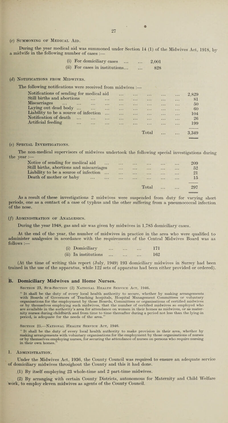 DENTAL CARE OF MOTHERS AND YOUNG CHILDREN. 1. General. This report is submitted as a separate section on instructions from the Ministry of Health. Fuller and more detailed information has been asked this year than the normal statistics supplied in previous years. A dental service foi expectant and nursing mothers and infants has been established in Surrey since 1929 and Local Authorities in the County Area which were autonomous on Maternity and Child Welfare provided similar facilities. At Barnes, Purley and Coulsdon patients requiring dental treatment were sent to private practitioners by arrangement. All the schemes were designed so that patients could obtain treatment at low cost, or free in necessitous cases. On the 5th July the County Authority took over responsibility for the services in the previously autonomous areas and dental officers on the County staff undertook the treatment of patients at Barnes, Purley and Coulsdon. After this date the service was free. At the time of introduction of the National Health Act it was known that the number of dental practitioners was insufficient for the needs of the whole population, so that local authorities were urged to provide adequate services for expectant and nursing mothers and pre-school children who were to be regarded as priority classes. Unfortunately, due to the attractions of general practice under the Act, many dental surgeons, who were officers of Local Authorities and had been dealing with patients from the Maternity and Child Welfare services, left the service. Though the priority classes are entitled to free treatment by a private practitioner who has entered the Health Scheme they have difficulty in obtaining attention. As the normal M. and C.W. Clinics became understaffed they could not receive attention as before, so that these priority patients receive rather less attention than before the introduction of the Act. During the year 1948, it was decided that as far as possible all expectant mothers attending ante-natal clinics should be given a dental examination as routine practice. Owing to the scarcity of dental staff this could not be carried out in some areas. The majority of pre-school children treated at the clinics are first seen at nurseries and, if possible, they are inspected twice a year. Other young children attend the clinics as casual or emergency patients having been brought by mothers attending welfare centres. 2. Staff. The majority of dental surgeons on the staff treat the patients from M. and C.W. Centres as part of their normal duties and devote approximately one-eleventh of their time to this work. Sessions are rarely held separate from the school service but the time occupied in the treatment of expectant and nursing mothers and pre-school children amounted to approximately 1,242 sessions. During the year provision was made for the appointment of up to eight additional dental surgeons for this service if and when necessary. Owing to the scarcity of applicants no appointments were made. 3. Inspection and Treatment—Records of Patients. Including those in Autonomous Areas before 5th July, 1948. Class of Patient. Examined. Needing Treatment. Treated. Made Dentally Fit. Expectant mothers 1,418 1,227 1,227 929 Nursing mothers 759 75^ 759 678 Pre-school children 1,341 1,234 1,234 1.148 Records of Operations, etc.—Including those carried out in Autonomous Areas before 5th July, 1948 :— Total Xo. of Sessions. Class of Patient. No. of Patients. No. of Attend¬ ances. Fillings. Extractions. Gen. Anaes¬ thetics. No. of Dentures Fitted. Perm. Teeth. Temp. Teeth. Perm. Teeth. Temp. Teeth. 1,242 Expectant mothers 1,418 4,824 1,785 — 3,310 — 680 233 Nursing mothers... 759 3,218 646 — 1,670 — 377 704 Pre-school children 1,341 2,432 — 972 1,624 676 — A few patients recommended for treatment refuse it unless in pain, but it is satisfactory to note that more conservative treatment is being given and many patients are now anxious to preserve their