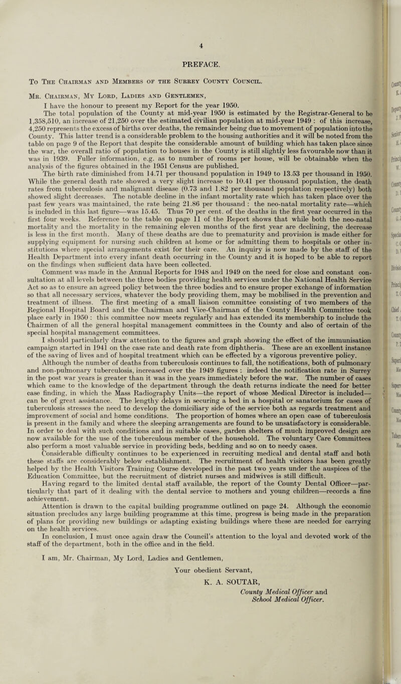 PREFACE. To The Chairman and Members of the Surrey County Council. Mr. Chairman, My Lord, Ladies and Gentlemen, I have the honour to present my Report for the year 1950. The total population of the County at mid-year 1950 is estimated by the Registrar-General to be 1,358,510, an increase of 21,250 over the estimated civilian population at mid-year 1949 : of this increase, 4,250 represent s the excess of births over deaths, the remainder being due to movement of population into the County. This latter trend is a considerable problem to the housing authorities and it will be noted from the table on page 9 of the Report that despite the considerable amount of building which has taken place since the war, the overall ratio of population to houses in the County is still slightly less favourable now than it was in 1939. Fuller information, e.g. as to number of rooms per house, will be obtainable when the analysis of the figures obtained in the 1951 Census are published. The birth rate diminished from 14.71 per thousand population in 1949 to 13.53 per thousand in 1950. While the general death rate showed a very slight increase to 10.41 per thousand population, the death rates from tuberculosis and malignant disease (0.73 and 1.82 per thousand population respectively) both showed slight decreases. The notable decline in the infant mortality rate which has taken place over the past few years was maintained, the rate being 21.86 per thousand : the neo-natal mortality rate—which is included in this last figure—was 15.45. Thus 70 per cent, of the deaths in the first year occurred in the first four weeks. Reference to the table on page 11 of the Report shows that while both the neo-natal mortality and the mortality in the remaining eleven months of the first year are declining, the decrease is less in the first month. Many of these deaths are due to prematurity and provision is made either for supplying equipment for nursing such children at home or for admitting them to hospitals or other in¬ stitutions where special arrangements exist for their care. An inquiry is now made by the staff of the Health Department into every infant death occurring in the County and it is hoped to be able to report on the findings when sufficient data have been collected. Comment was made in the Annual Reports for 1948 and 1949 on the need for close and constant con¬ sultation at all levels between the three bodies providing health services under the National Health Service Act so as to ensure an agreed policy between the three bodies and to ensure proper exchange of information so that all necessary services, whatever the body providing them, may be mobilised in the prevention and treatment of illness. The first meeting of a small liaison committee consisting of two members of the Regional Hospital Board and the Chairman and Vice-Chairman of the County Health Committee took place early in 1950 : this committee now meets regularly and has extended its membership to include the Chairmen of all the general hospital management committees in the County and also of certain of the special hospital management committees. I should particularly draw attention to the figures and graph showing the effect of the immunisation campaign started in 1941 on the case rate and death rate from diphtheria. These are an excellent instance of the saving of lives and of hospital treatment which can be effected by a vigorous preventive policy. Although the number of deaths from tuberculosis continues to fall, the notifications, both of pulmonary and non-pulmonary tuberculosis, increased over the 1949 figures : indeed the notification rate in Surrey in the post war years is greater than it was in the years immediately before the war. The number of cases which came to the knowledge of the department through the death returns indicate the need for better case finding, in which the Mass Radiography Units—the report of whose Medical Director is included— can be of great assistance. The lengthy delays in securing a bed in a hospital or sanatorium for cases of tuberculosis stresses the need to develop the domiciliary side of the service both as regards treatment and improvement of social and home conditions. The proportion of homes where an open case of tuberculosis is present in the family and where the sleeping arrangements are found to be unsatisfactory is considerable. In order to deal with such conditions and in suitable cases, garden shelters of much improved design are now available for the use of the tuberculous member of the household. The voluntary Care Committees also perform a most valuable service in providing beds, bedding and so on to needy cases. Considerable difficulty continues to be experienced in recruiting medical and dental staff and both these staffs are considerably below establishment. The recruitment of health visitors has been greatly helped by the Health Visitors Training Course developed in the past two years under the auspices of the Education Committee, but the recruitment of district nurses and midwives is still difficult. Having regard to the limited dental staff available, the report of the County Dental Officer—par¬ ticularly that part of it dealing with the dental service to mothers and young children—records a fine achievement. Attention is drawn to the capital building programme outlined on page 24. Although the economic situation precludes any large building programme at this time, progress is being made in the preparation of plans for providing new buildings or adapting existing buildings where these are needed for carrying on the health services. In conclusion, I must once again draw the Council’s attention to the loyal and devoted work of the staff of the department, both in the office and in the field. I am, Mr. Chairman, My Lord, Ladies and Gentlemen, Your obedient Servant, K. A. SOUTAR, County Medical Officer and School Medical Officer.