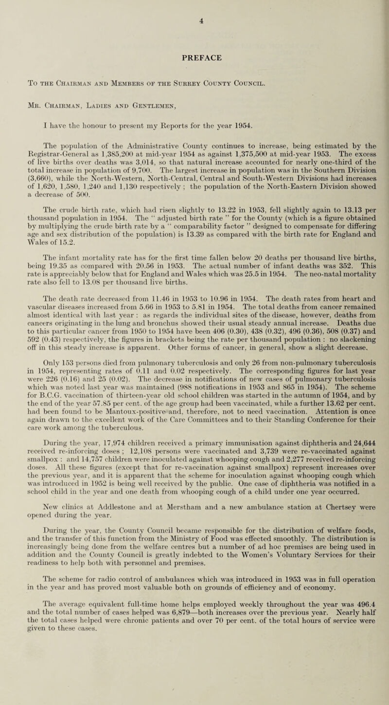 8 Rateable Value and Estimated Produce of a Penny Rate. The rateable value of the Administrative County on the 1st April, 1954, was £15,325,675, and the estimated produce of a Id. rate for general County purposes for the year 1954-55 was £62,011. VITAL STATISTICS. The following statement compares the County birth and death rates for the year 1954 with the previous year and with the mean of the five years 1949-53. Per 1,000 Population Maternal Deaths of Birth Rate Death Rate Death Rate from Pulmonary Tuberculosis. Death Rate from Malignant Disease. Mortality per 1,000 Live and Still Births. Infants under 1 year per 1,000 Live Births. 1949 . 14.71 10.38 0.27 1.85 0.65 24.05 1950 . 13.53 10.41 0.23 1.82 0.69 21.86 1951 . 13.16 11.15 0.19 1.87 0.49 21.75 1952 . 12.91 10.57 0.17 1.90 0.72 20.93 1953 . 13.22 11.46 0.16 1.97 1.03 20.56 Mean of 5 years, 1949-53 13.51 10.79 0.20 1.88 0.72 21.83 1954 . 13.13 10.96 0.11 1.96 0.38 19.35 Increase or decrease in 1954 on: 5 years’ average —0.38 + 0.17 —0.09 + 0.08 —0.34 —2.48 Previous year —0.09 —0.50 —0.05 —0.01 —0.65 —1.21 1. Births and Birth Rate. The live births registered in or belonging to the Comity during the year numbered 18,193, as compared with 18,187 in the previous year, showing an increase of 6. The birth rate for the year was 13.13, as compared with 13.22 for the previous year. The live birth rate is based on the number of live births per 1,000 of the estimated population of the area. The local rates shown in the Table on page 10 are not validly comparable by reason of the fact that the areal populations on which they are based may be of widely differing sex-age constitutions. With a view to eliminating this element of variation the Registrar-General has supplied a comparability factor for each area and this when multiplied by the live birth rate of the area produces an adjusted rate which may be regarded as comparable with the adjusted rate of any other area or with the crude live birth rate for England and Wales. The factor for the Administrative County is 1.02, for the aggregate of Urban Districts 1.02 and for the Rural Districts 1.07. The effect of these factors on the 1954 crude live birth rates is shewn below :— Administrative Urban Rural County. Districts. Districts, per 1,000 of estimated home population. Crude rates . 13.13 13.04 13.88 Adjusted rates ... . 13.39 13.30 14.85 The birth rate for England and Wales for 1954 was 15.2 and for 1953, 15.5. In addition to the 18,193 live births in Surrey, there were 352 still births and the rate of still births per 1,000 live and still births was 18.98. Of the 18,193 live births 778 or 4.28 per cent, were illegitimate, as compared with 751 or 4.13 per cent, in 1953.