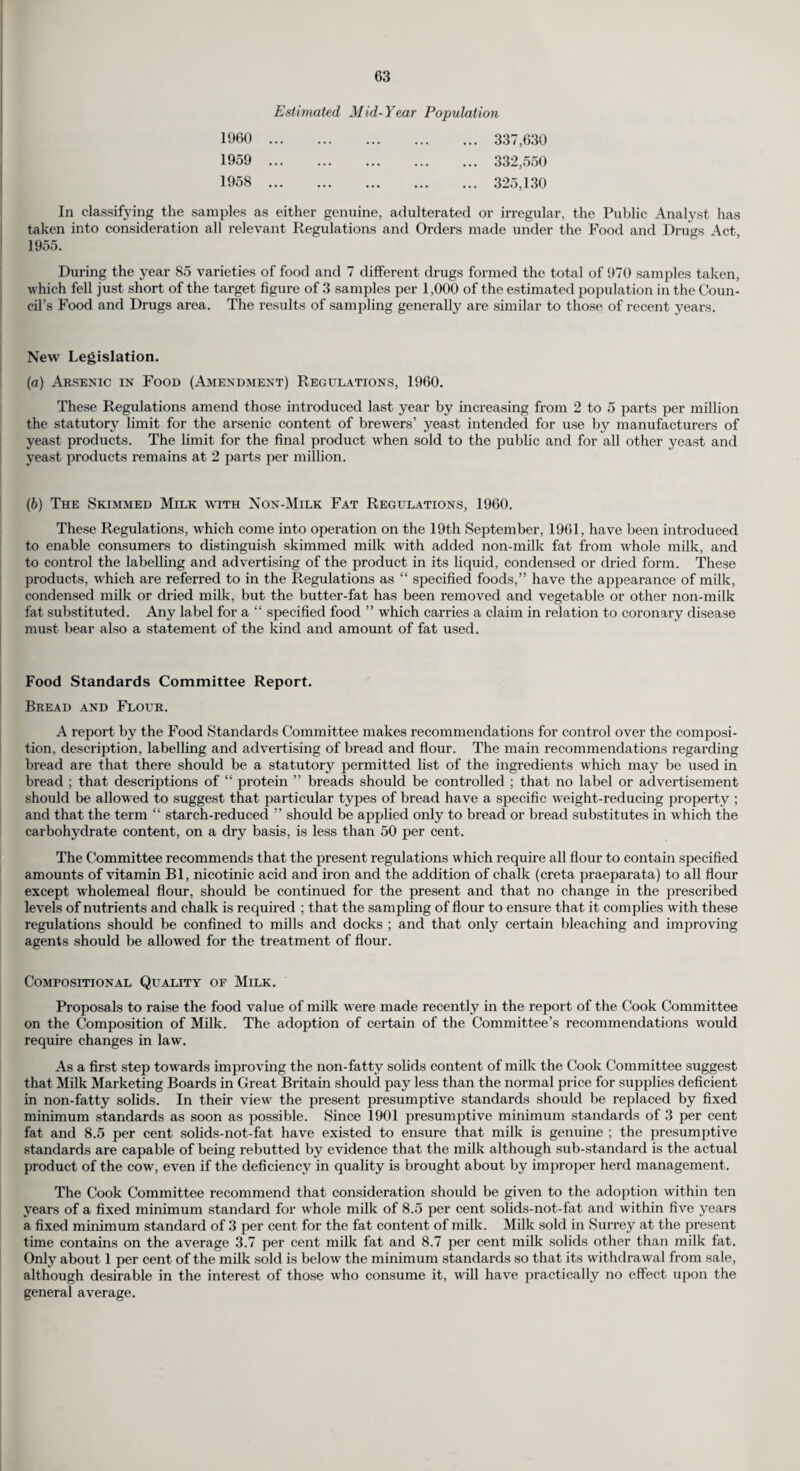 (c) Whooping Cough Immunisation. The following table show's the number of children immunised during the year 1960. In interpreting these figures it should be borne in mind that many children are inoculated with a combined diphtheria-pertussis prophylactic. District. No. of children who completed a primary course of inoculation during 1960. 0-4 years. 5-14 years. M.B. and Urban. Banstead 376 9 Barnes ... 382 -* Beddington and Wallington... 387 8 Carshalton 601 15 Caterham and Warlingham. 452 17 Chertsey 768 44 Coulsdon and Purley... 976 17 Dorking... 242 8 Egham ... 341 8 Epsom and Ewell 609 6 Esher 899 28 Famham 391 5 Frimley and Camberley 529 12 Godaiming 207 1 Guildford 668 48 Haslemere 149 3 Kingston-upon-Thames 499 62 Leatherhead 565 17 Malden and Coombe ... 484 50 Merton and Morden ... 556 9 Mitcham 995 9 Reigate ... 674 11 Richmond 467 — Surbiton 821 33 Sutton and Cheam 1,027 15 Walton and Weybridge 694 78 Wimbledon 617 15 Woking... 1,044 80 Rural. Bagshot... 253 2 Dorking and Horley ... 346 10 Godstone 510 37 Guildford 690 21 Hambledon 331 9 Total 1960 . 18,550 687 Total 1959 . 16,343 366 (d) Yellow Fever Vaccination. A yellow fever vaccination centre has been established at the Grange Road Clinic, Kingston- upon-Thames, to replace the centre previously established at the Pathological Laboratory, Kingston Hospital. It was opened on the 1st July, 1960, and by the end of the year 341 persons had been vaccinated against yellow fever. (e) B.C.G. Vaccination. The scheme for the vaccination of school children provides for the following categories :— (i) School children between their 13th and 14th birthdays. (ii) School children approaching 13 years of age who can conveniently be vaccinated along with children of that age. (iii) School children of 14 years of age or older. (iv) Students attending universities, teacher training colleges, technical colleges or other estab¬ lishments of further education.