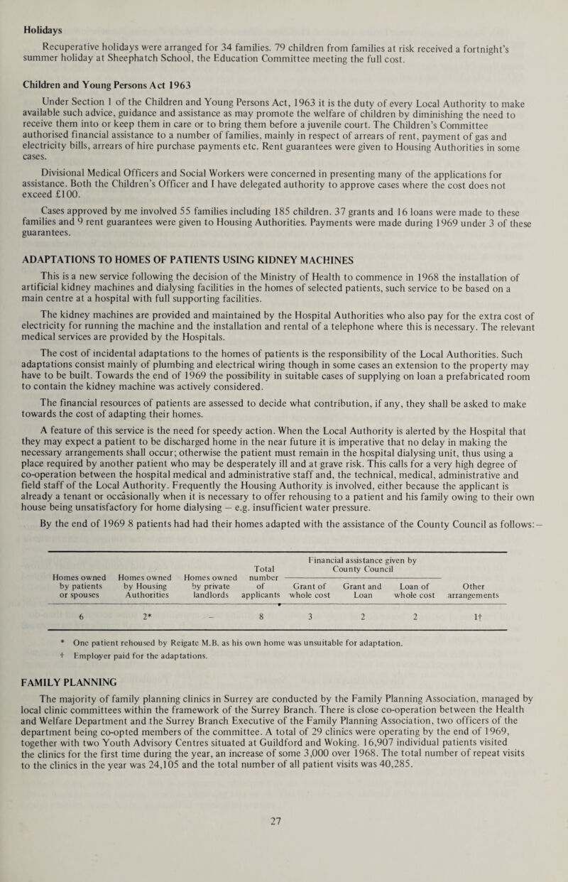 MEDICAL EXAMINATION Mother and toddler watch while the medical officer examines baby at a Surrey health clinic. By the end of the year the Medical Officers had some six months’ experience of carrying out developmental examinations of babies and young children behind them and were beginning to form a valuable corps of staff to cope with this form of approach. At the time of writing this report 58 clinics are held each week in the County by these and other trained staff. Children exhibiting deviations from normal are referred for consultant opinion as necessary in consultation with their family doctor. The present concept of the Child Health Clinic, and indeed of the Child Health Service as a whole, was given valuable impetus at the end of 1968 with the publication of a report on Child Welfare Centres by a sub-committee of the Standing Medical Advisory Committee of the then Ministry of Health (the Sheldon Report). This report embodied recommendations for reform of Infant Welfare Clinics on the above lines. It envisaged that ultimately the work in Child Health Clinics would be taken over by general practitioners working within group practices with attached health visiting staff. It would however be some years before this could come about and meanwhile the provision of clinics would rest with local health authorities to a very large extent. In this context it is interesting to report that a number of general practitioners are actively co-operating with this department in the field of develop¬ mental examinations within their own practices. The number is small however, and in order for it to increase the identical problem of arranging for the specialised training needed arises. The obvious answer to the problem is to include such training in the basic training of the doctor and it is earn¬ estly hoped that this will ultimately be done. In the meantime, the provision of adequate post-graduate training must be undertaken, but until this becomes more freely available from outside sources it would appear that the only solu¬ tion is in-service training of the kind described above. Because of the shortage of suitable teachers in this field, the provision of such courses is no easy matter, nevertheless efforts to arrange them will continue to be made, using every resource available. Phenylketonuria Phenylketonuria is a hereditary inborn error of metabolism, which if untreated by highly specialised dietary methods, leads in a very short time to impairment of functions of the nervous system causing infants to become mentally retarded. Although it only occurs about once in 10,000 births its detection is exceedingly important as once detected it constitutes a preventable mental health defect. Until the first of September, 1969, all new born infants in Surrey were tested for phenylketonuria with the Phenistix test which utilises the infants’ urine for examination. However, in October, 1968, the Medical Research Council had published a report recommending the adoption of the Guthrie blood test for this purpose, as the evidence suggested that it would prove more reliable in practice, and should thus avoid delay in starting dietary treatment of the disease in affected cases.