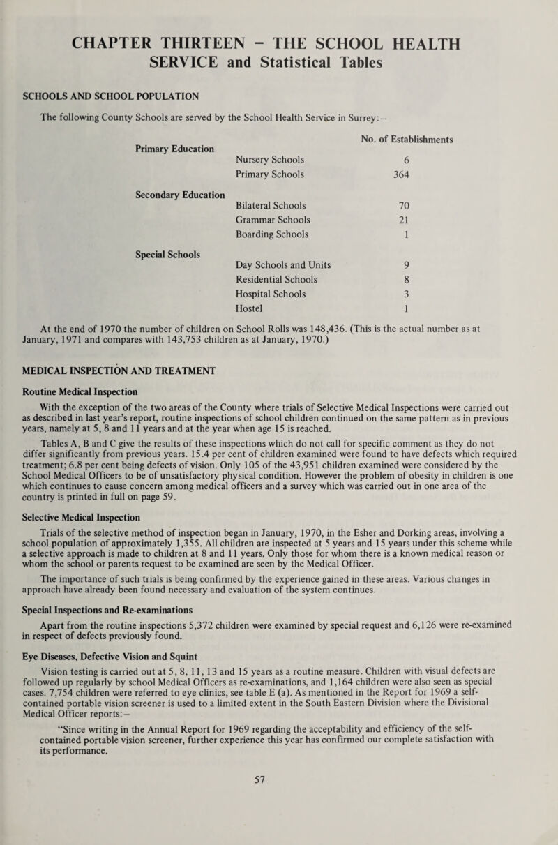(vi) Medical examination of staff who are due to retire on pension and who wish to provide an annuity for their wives in the event of their pre-decease; those requiring medical examination under the firemen’s pension scheme and those who may not be fit for further duty by reason of permanent ill-health. (vii) Medical examination of staff for other local authorities by mutual agreement on a reciprocal basis. (viii) Tri-annual re-X-ray examination of staff who work in contact with children. The total medical reports and medical history sheets relating to staff received in the Department during the year numbered 3,637. Medical Arrangements for Long-Stay Immigrants At the beginning of 1965 the Ministry of Health notified the Council of the following steps to be taken to deal with the rather special problems which arise in connection with the health and treatment of long-stay immigrants to this country: — At ports of arrival long-stay immigrants, both Commonwealth and Alien, who are referred to medical inspectors are given a hand-out printed card in languages which they are likely to understand, the aim of which is to encourage them to get on to the list of a medical practitioner in their place of residence so that (if he thinks it desirable) he can arrange for them to go to a mass radiography unit, a chest clinic or a hospital for X-ray. Long-stay immigrants who are referred to medical inspectors at the ports are also asked to provide their destina¬ tion addresses and these are sent to the Medical Officer of Health of the county or county borough concerned, with a request that he attempts to persuade the immigrants to act on the advice they have been given in the hand-out. Copies of the hand-out are also required to be held by Medical Officers of Health and local officers of the Ministry of Social Security, in case they come into contact with immigrants who have not received one or apparently lost it. These procedures are to help ensure that long-stay immigrants register with general practitioners at an early stage of their life in this country and do not wait until they fall ill. It also helps to make sure that those for whom it is appropriate, have an X-ray at an early stage. The following table shows the number of advice notes received during the year from ports and airports relating to the arrival of immigrants into the County together with the number of first successful visits paid. COUNTRY where passport was issued (as stated by Port Health Authority). Number of advice notes* received during the year from ports and airports relating to arrival of immigrants. Number of firstf successful visits paid to immigrants, during the year. Commonwealth Countries: — Caribbean 59 (134) 40(103) India 40 (40) 14 (29) Pakistan 95 (97) 45 (62) Other Asian 31 (54) 20 (26) African 47 (48) 29 (23) Other 146 (104) 88 (71) Non-Commonwealth Countries:- European 396 (398) 273 (315) Other 62 (89) 37 (56) Total 876 (964) 546 (685) * Advice of arrival of immigrant. f First successful visit means the first time the Council’s Health Visitor established contact with the immigrant. The figures in brackets relate to the year 1969. PORT HEALTH UNIT GATWICK AIRPORT The unit is situated at the south end of the Immigration Lounge and consists of a general office, doctor’s office, vaccination room, two inspection rooms, consulting room and staff room. Gatwick is regularly served by planes from airports in Europe, North Africa, North America, Canada, the middle East, Central Africa and South America. Health Control is carried out under the Aliens Order, 1953, the Commonwealth Immigration Act, 1962, and the Ships and Aircraft Regulations, 1966. During the period 1st January to 31st December, 1970, there were 46,123 aircraft arrivals and 46,071 departures - an increase of 2,141 and 2,086 respectively over 1969. These flights involved 3,703, 229 passengers in 1970 — an increase of approximately 23 per cent. During this period the unit examined 4,276 Commonwealth immigrants. Of these 25 were classified as likely to require major medical treatment. 54