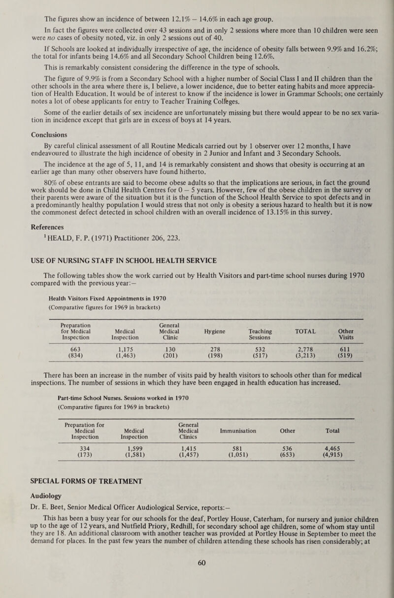 Table D - RETURN OF DEFECTS FOUND BY MEDICAL INSPECTION IN THE YEAR ENDED 31st DECEMBER, 1970, PERIODIC AND SPECIAL INSPECTIONS ENTRANTS LEAVERS OTHERS TOTAL SPECIAL INSPECTIONS DEFECT CODE No. (1) DEFECT OR DISEASE (2) REQUIRING REQUIRING REQUIRING REQUIRING REQUIRING Treat¬ ment (3) Observa¬ tion (4) Treat¬ ment (5) Observa¬ tion (6) Treat¬ ment (7) Observa¬ tion (8) Treat¬ ment (9) Observa¬ tion (10) Treat¬ ment (ID Observa¬ tion (12) 4 Skin 141 574 319 406 467 834 927 1,814 128 108 5 Eyes - (a) Vision 515 1,303 920 775 1,497 1,622 2,932 3,700 475 667 (b) Squint 104 184 46 51 76 173 226 408 9 13 (c) Other 29 80 28 68 35 180 92 328 20 18 6 Ears — (a) Hearing 91 437 32 109 137 548 260 1,094 102 535 (b) Otitis Media 45 304 10 25 44 219 99 548 2 22 (c) Other 27 89 26 32 51 115 104 236 21 23 7 Nose and Throat 146 1,131 52 221 115 1,274 313 2,626 27 111 8 Speech 179 437 8 32 121 252 308 721 95 70 9 Lymphatic Glands 9 349 5 38 4 272 18 659 4 15 10 Heart 13 239 7 138 14 320 34 697 5 28 11 Lungs 34 410 30 135 64 491 128 1,036 6 52 12 Developmental - (a) Hernia 15 68 3 12 15 66 33 146 — 11 (b) Other 25 389 11 67 103 412 139 868 12 108 13 Orthopaedic — (a) Posture 11 91 25 147 70 326 106 564 9 31 (b) Feet 84 555 44 228 141 721 269 1,504 21 102 (c) Other 28 303 46 184 51 474 125 961 19 44 14 Nervous System — (a) Epilepsy 12 55 11 25 27 62 50 142 — 15 (b) Other 10 110 8 41 16 161 34 312 12 30 15 Psychological - (a) Development 23 157 72 43 154 295 249 495 51 56 (6) Stability 14 397 18 135 30 607 62 1,139 31 155 16 Abdomen 18 131 19 46 26 219 63 396 2 23 17 Other 234 442 124 273 425 957 783 1,672 151 229 TOTAL 1,807 8,235 1,864 3,231 3,683 10,600 7,354 22,066 1,202 2,466