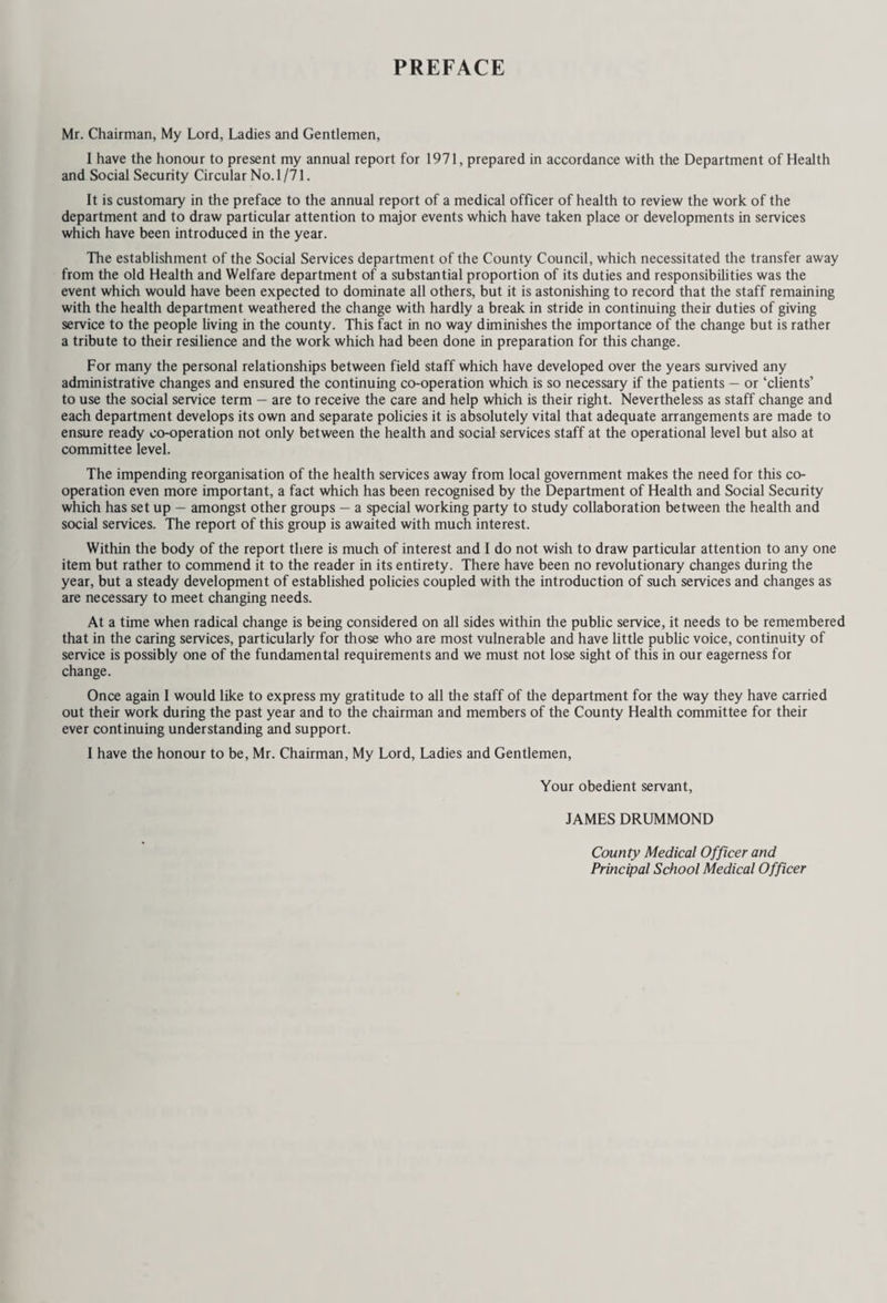 Handicapped Persons and Mental Health Transport The Ambulance Service operate a number of special vehicles for the Social Services Committee. During the year these vehicles conveyed:— Patients Miles Handicapped Persons 33,524 128,529 Mental Health 6,880 13,208 Work of the Service The number of emergency calls increased by 6.6%. I am pleased, however, to be able to report that the average time taken from time of call to arrival at the incident remained at 5.7 minutes despite the ever increasing traffic problem. The service’s major accident plan was operated for 43 full emergencies and 8 ground incidents at Gatwick Airport plus 23 other incidents throughout the County. On all occasions the initial action was sufficient to deal with the incident. It should be noted that a similar number of patients must be given the same priority as 999 calls. These are in the main requests from Hospitals and Doctors for the emergency admission or transfer of patients to specialist hospitals. The service continues to use rail or air transport whenever possible for patients travelling long distances. During the year 307 patients were transported 33,763 miles by rail and 11 patients, 3,002 miles by air. TRAINING As one of the nine Area Training Schools in the country training courses were held at Banstead throughout the year for Surrey Ambulance personnel and for those of a number of other Local Health Authorities. Six recruits courses, each lasting 6 weeks, were held during the year and a total of 64 Surrey Ambulance staff and 61 from other Authorities attended. A Course for Officers and Sub-Officers lasting one week was also held. Two officers qualified as Ambulance Aid Instructors following attendance at the Department of Health and Social Security Instructors’ Course at Wrenbury Hall, Cheshire. ANNUAL AMBULANCE COMPETITION The annual competition was held again at the new Headquarters, Banstead. The winning team who received the Stuart Homer shield will represent Surrey in the 1972 regional finals. SAFE DRIVING AWARDS 306 drivers were entered for the award. 60 were disqualified by accidents and 39 became ineligible through sick¬ ness, change of duties or resignation. Among the 217 successful drivers, 95 have now completed more than 5 years continuous driving without accident. The details of the awards are as follows: — Bar to 20-year brooch 1 20-year brooch 1 Bar to 15-year brooch 7 15-year brooch 3 Bar to 10-year medal 14 10-year medal 2 Bar to 5-year medal 45 5-year medal 22 1 to 4-year diploma 122 34