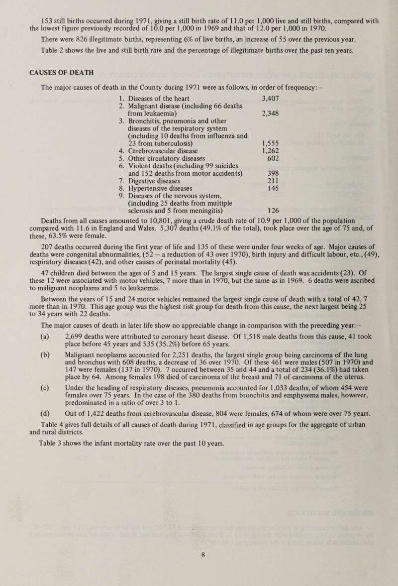 CHAPTER NINE - THE SCHOOL HEALTH SERVICE and Statistical Tables INTRODUCTION The work of the School Health Service is described in this chapter. Like many other Authorities, we have been taking a close look at the structure of this service during the past few years. The year has seen the commencement of a streamlined form of medical inspections, dispensing with routine inspection at eight years in favour of the selective approach, and the substitution of a leavers’ interview in place of a routine examination. Unlike some other Authorities, we have continued to include a routine inspection of the children on entry to secondary school. The Working Party which recommended the new arrangements felt that, with children remaining in school for eleven years, it was only reasonable to leave a routine check on their health at about the half-way stage. This view was reinforced by the fact that during preliminary trials, the organisation of an efficient selective approach within the large new secondary schools which are evolving proved difficult and time-consuming. The alternative to a routine inspection of all children therefore appeared to be no examination at all at a time when the children were going through a major change in their educational life. Hence the continuation of this routine inspection in our new programme, which is devoted to more efficient use of existing resources of medical manpower, and which lays the emphasis of the service on the identification of those children whose health problems may interfere with their school¬ ing. The development of other aspects of the School Health Service has continued during the year with increased provision in the fields of child guidance, speech therapy and audiometry. The inclusion of several hundred mentally handicapped children many with secondary handicaps in the educational system has brought these children within the scope of the School Health Service and their needs are being re-studied in the light of this new development. A memorandum covering the whole aspect of services provided for the assessment and management of handi¬ capped children in the county of Surrey was prepared during the year and is printed as Appendix A to this chapter. For the past few years the future of the School Health Service has been a source of considerable discussion, ranging from the need to continue to provide it at all to the way in which it should be administered within a re¬ organised Health Service. With regard to the former the increasing complexity and knowledge of handicaps in child¬ hood makes it of paramount importance that those dealing with the health of the child shall work in ever closer co¬ operation with those providing his education. Ideally, therefore, medical and nursing staff with the ability to work within the schools and to have a reasonable knowledge of educational provisions and procedures is required. This is the aim of those employed in the School Health Service and the failure to continue this as an entity would be seriously detrimental to the children concerned. The continued expansion of services within the School Health Service over the years is a practical demonstration of this fact. By the time this report is presented the recommendations for the future of the School Health Service will have been received and it need only be emphasised that if the development and planning of child health services is to continue to the satisfaction of the local education authority then arrangements must be made for close liaison between Health and Education not only at grass roots level but throughout the whole administrative structure. SCHOOLS AND SCHOOL POPULATION The following County Schools are served by the School Health Service in Surrey:— Primary Education Nursery Schools Primary Schools No. of Establishments 6 371 Secondary Education Grammar Schools Boarding Schools Other Secondary Schools Special Schools Day Schools and Units Residential Schools Hospital Schools Hostel 18 1 69 13 9 9 1 At the end of 1971 the number of children on School Rolls was 152,308. (This is the actual number as at January, 1972 and compares with 148,386 children as at January, 1971.) 42