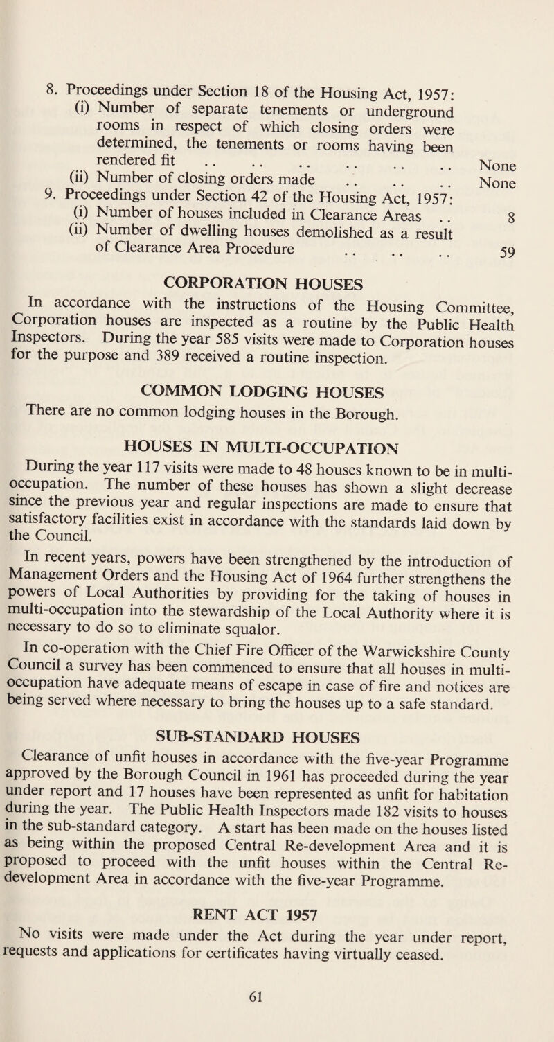 HOUSING INSPECTION Inspection of dwelling houses during the year. 1. (a) Total number of dwelling houses inspected for housing defects (under Public Health and Housing Acts) .. .. .. .. .. .. .. 1,927 (b) Number of inspections made for the purpose .. 3,484 2. (a) Number of dwelling houses (included under sub¬ heading (1) above) where inspected and recorded under Housing Consolidated Regulations 1925 to 1932 .. .. .. .. .. .. .. None (b) Number of inspections made for the purpose .. 178 3. Number of dwelling houses found to be in a state so dangerous or injurious to health as to be unfit for human habitation .. .. .. .. .. .. .. 10 4. Number of dwelling houses (exclusive of those referred to under the preceding sub-heading) found not to be in all respects reasonably fit for human habitation: Privately owned .. .. .. .. 90 Local Authority owned .. .. .. 185 - 275 None None None 5. Remedy of defects during the year, without service of formal notices: Number of defective houses rendered fit in con¬ sequence .. .. .. . . .. .. 235 6. Action under Statutory powers during the year: (a) Proceedings under Sections 9 and 10 of the Housing Act 1957: (i) Number of dwelling houses in respect of which notices served requiring repairs (ii) Number of dwelling houses which were rendered fit after service of formal notices: (a) By owners (b) By Local Authority in default of owners.. (b) Proceedings under Public Health Acts: (i) Number of dwelling houses in respect of which notices served requiring defects to be remedied .. (ii) Number of dwelling houses in which defects were remedied after service of formal notices: (a) By owners (b) By Local Authority in default 7. Proceedings under Sections 17 and 23 of the Housing Act 1957: (i) Number of dwelling houses demolished in pursuance of demolition orders .. .. .. .. .. 5 (ii) Number of dwelling houses in respect of which demolition orders were made.. .. .. .. 2 (iii) Number of dwelling houses in respect of which closing orders were made .. .. .. .. None (iv) Number of dwelling houses in respect of which closing orders were determined .. .. .. None 44 36 5