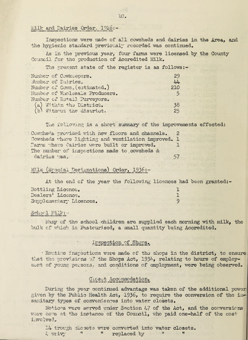 Milk and Dairies Order, 1926:- Inspections were made of all cowsheds and dairies in the Area, and the hygienic standard previously recorded was continued. As in the previous year, four farms were licensed by the County Council for the production of Accredited Milk. The present state of the register is as follows:- Number of Cowkoepors. 29 Number of Dairies. 44 Number cf Cows.(estimated.) 210 Number of Wholesale Producers. Number of Retail Purveyors. 5 (a) Within the District. 38 (b> Without the district, 25 The following is a short summary of the improvements effected: Cowsheds provided with new floors and channels. 2 Cowsheds where lighting and ventilation improved. 1 harms where dairies were built or improved. 1 The number of inspections made to .cowsheds & dairies was., 57 Mr-Ik (hr octal De g Ignat ions) Order, 1936 At the end cf the year the following licences had been granted:- Bottling Licence. 1 Dealers’ Licence. 1 Supplementary Licences. 9 School Milk:- Many of the school children are supplied each morning with milk, the bulk cf which is Pasteurised, a small quantity being Accredited. ' IpDR® 2112 - Routine inspections wore made of the shops in the district, to ensure that the provisions of the Shops Act, 19V't relating to hours of employ¬ ment of young persons, and conditions of employment, were being observed. Closet Accommodation. During the year continued advantage was taken of the additional power given by the Public Health Act, 1936, to require the conversion of the in¬ sanitary types of conveniences into water closets. Notices were served under Section 47 of the Act, and the conversions were done at. the instance of the Council, who paid one-half of the cost involved. 14 trough closets were converted, into water closets. A or ivy ” ” replaced by  ”