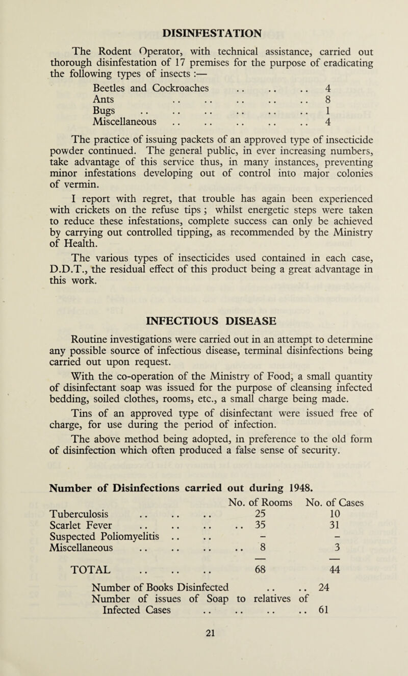 DISINFESTATION The Rodent Operator, with technical assistance, carried out thorough disinfestation of 17 premises for the purpose of eradicating the following types of insects :— Beetles and Cockroaches .. .. .. 4 Ants .. .. .. .. .. 8 Bugs .. .. .. .. ., .. 1 Miscellaneous .. .. .. .. .. 4 The practice of issuing packets of an approved type of insecticide powder continued. The general public, in ever increasing numbers, take advantage of this service thus, in many instances, preventing minor infestations developing out of control into major colonies of vermin. I report with regret, that trouble has again been experienced with crickets on the refuse tips ; whilst energetic steps were taken to reduce these infestations, complete success can only be achieved by carrying out controlled tipping, as recommended by the Ministry of Health. The various types of insecticides used contained in each case, D.D.T., the residual effect of this product being a great advantage in this work. INFECTIOUS DISEASE Routine investigations were carried out in an attempt to determine any possible source of infectious disease, terminal disinfections being carried out upon request. With the co-operation of the Ministry of Food, a small quantity of disinfectant soap was issued for the purpose of cleansing infected bedding, soiled clothes, rooms, etc., a small charge being made. Tins of an approved type of disinfectant were issued free of charge, for use during the period of infection. The above method being adopted, in preference to the old form of disinfection which often produced a false sense of security. Number of Disinfections carried out during 1948. No. of Rooms No. of Cases Tuberculosis 25 10 Scarlet Fever .. 35 31 Suspected Poliomyelitis .. • • — Miscellaneous .. .. 8 3 TOTAL 68 44 Number of Books Disinfected .. 24 Number of issues of Soap to relatives of Infected Cases • • • • • • .. 61