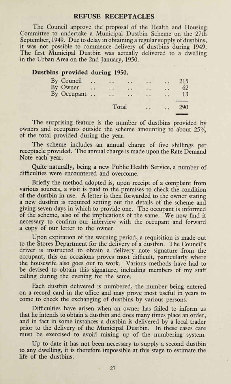 REFUSE RECEPTACLES The Council approve the' proposal of the Health and Housing Committee to undertake a Municipal Dustbin Scheme on the 27th September, 1949. Due to delay in obtaining a regular supply of dustbins, it was not possible to commence delivery of dustbins during 1949. The first Municipal Dustbin was actually delivered to a dwelling in the Urban Area on the 2nd January, 1950. Dustbins provided during 1950. By Council.215 By Owner . 62 By Occupant. 13 Total .. .. 290 The surprising feature is the number of dustbins provided by owners and occupants outside the scheme amounting to about 25% of the total provided during the year. The scheme includes an annual charge of five shillings per receptacle provided. The annual charge is made upon the Rate Demand Note each year. Quite naturally, being a new Public Health Service, a number of difficulties were encountered and overcome. Briefly the method adopted is, upon receipt of a complaint from various sources, a visit is paid to the premises to check the condition of the dustbin in use. A letter is then forwarded to the owner stating a new dustbin is required setting out the details of the scheme and giving seven days in which to provide one. The occupant is informed of the scheme, also of the implications of the same. We now find it necessary to confirm our interview with the occupant and forward a copy of our letter to the owner. Upon expiration of the warning period, a requisition is made out to the Stores Department for the delivery of a dustbin. The Council’s driver is instructed to obtain a delivery note signature from the occupant, this on occasions proves most difficult, particularly where the housewife also goes out to work. Various methods have had to be devised to obtain this signature, including members of my staff calling during the evening for the same. Each dustbin delivered is numbered, the number being entered on a record card in the office and may prove most useful in years to come to check the exchanging of dustbins by various persons. Difficulties have arisen when an owner has failed to inform us that he intends to obtain a dustbin and does many times place an order, and in fact in some instances a dustbin is delivered by a local trader prior to the delivery of the Municipal Dustbin. In these cases care must be exercised to avoid mixing up of the numbering system. Up to date it has not been necessary to supply a second dustbin to any dwelling, it is therefore impossible at this stage to estimate the life of the dustbins.