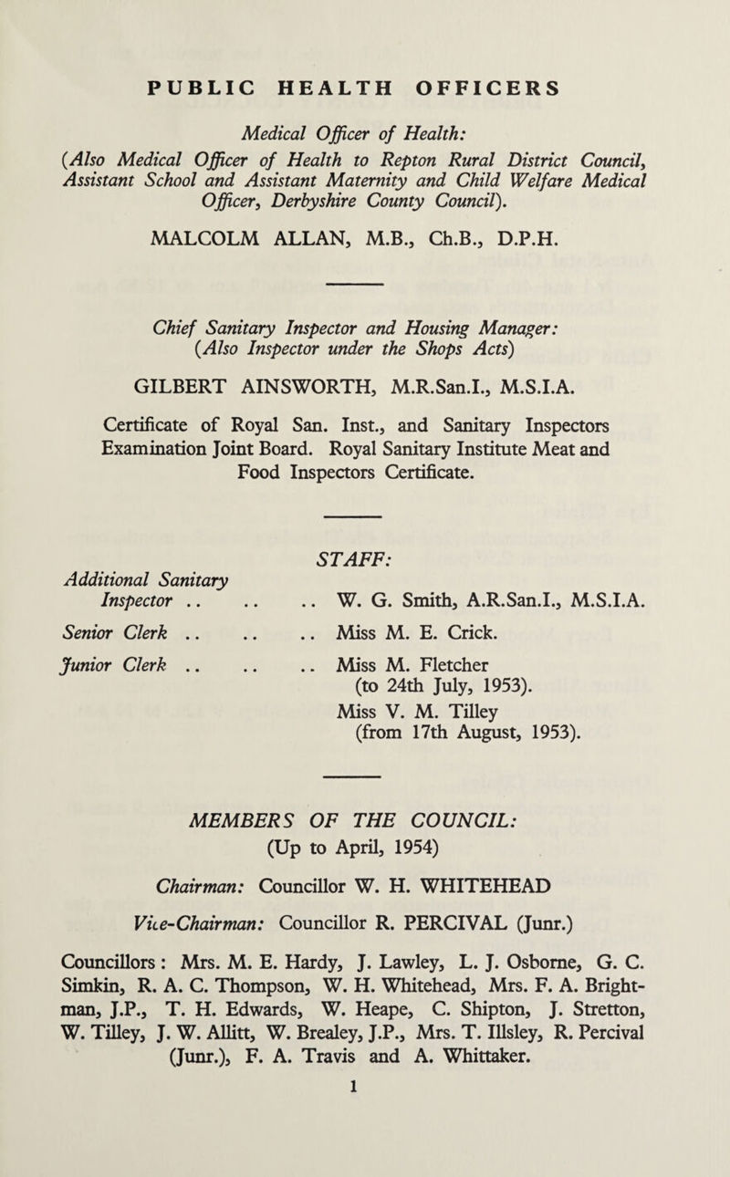 PUBLIC HEALTH OFFICERS Medical Officer of Health: {Also Medical Officer of Health to Repton Rural District Council, Assistant School and Assistant Maternity and Child Welfare Medical Officer, Derbyshire County Council). MALCOLM ALLAN, M.B., Ch.B., D.P.H. Chief Sanitary Inspector and Housing Manager: {Also Inspector under the Shops Acts) GILBERT AINSWORTH, M.R.San.I., M.S.I.A. Certificate of Royal San. Inst., and Sanitary Inspectors Examination Joint Board. Royal Sanitary Institute Meat and Food Inspectors Certificate. STAFF: Additional Sanitary Inspector.W. G. Smith, A.R.San.I., M.S.I.A. Senior Clerk .. .. .. Miss M. E. Crick. Junior Clerk .. .. .. Miss M. Fletcher (to 24th July, 1953). Miss V. M. Tilley (from 17th August, 1953). MEMBERS OF THE COUNCIL: (Up to April, 1954) Chairman: Councillor W. H. WHITEHEAD Vice-Chairman: Councillor R. PERCIVAL (Junr.) Councillors : Mrs. M. E. Hardy, J. Lawley, L. J. Osborne, G. C. Simkin, R. A. C. Thompson, W. H. Whitehead, Mrs. F. A. Bright- man, J.P., T. H. Edwards, W. Heape, C. Shipton, J. Stretton, W. Tilley, J. W. Allitt, W. Brealey, J.P., Mrs. T. Illsley, R. Percival (Junr.), F. A. Travis and A. Whittaker.