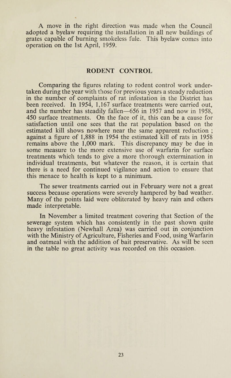 A move in the right direction was made when the Council adopted a byelaw requiring the installation in all new buildings of grates capable of burning smokeless fule. This byelaw comes into operation on the 1st April, 1959. RODENT CONTROL Comparing the figures relating to rodent control work under¬ taken during the year with those for previous years a steady reduction in the number of complaints of rat infestation in the District has been received. In 1954, 1,167 surface treatments were carried out, and the number has steadily fallen—656 in 1957 and now in 1958, 450 surface treatments. On the face of it, this can be a cause for satisfaction until one sees that the rat population based on the estimated kill shows nowhere near the same apparent reduction ; against a figure of 1,888 in 1954 the estimated kill of rats in 1958 remains above the 1,000 mark. This discrepancy may be due in some measure to the more extensive use of warfarin for surface treatments which tends to give a more thorough extermination in individual treatments, but whatever the reason, it is certain that there is a need for continued vigilance and action to ensure that this menace to health is kept to a minimum. The sewer treatments carried out in February were not a great success because operations were severely hampered by bad weather. Many of the points laid were obliterated by heavy rain and others made interpretable. In November a limited treatment covering that Section of the sewerage system which has consistently in the past shown quite heavy infestation (Newhall Area) was carried out in conjunction with the Ministry of Agriculture, Fisheries and Food, using Warfarin and oatmeal with the addition of bait preservative. As will be seen in the table no great activity was recorded on this occasion.