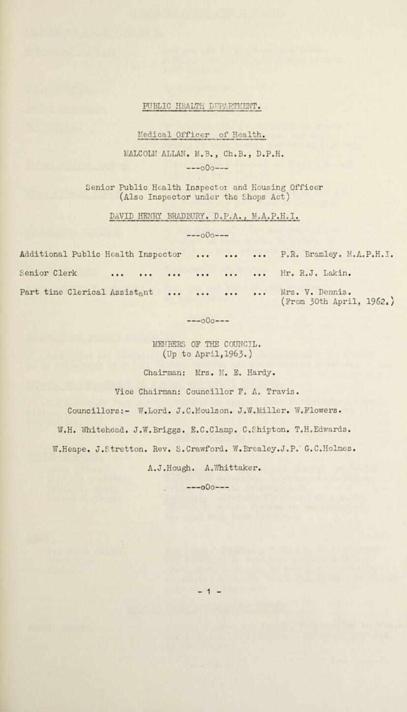 To the Chairman and Members of the Swadlincote Urban District Council. MR. CHAIRMAN, MADAM AIJD GENTLEMEN, I have the honour to present my Annual Report for the year 1962. In my report for 1961, I made mention of importations of Smallpox from Karachi, 7/est Pakistan, to various parts of this country outwith the Urban District and which had repercussions in our area. One of these was a visit by some residents to a Children’s Hospital in Eradford where there was an outbreak of smallpox arising from a nine year-old Pakistani girl who had been admitted suffering from Malaria and, as was discovered later, from vaccino-n&dified Smallpox. These contacts were, of course, vaccinated and visited regularly until the danger period was over. As an interesting episode of this outbreak in Bradford, a father visited his child once in a balcony, apart from the main Ward where the infection was and he developed Smallpox. Early in February a youth with a suspicious rash caused us to call in a Ministry of Health Smallpox Consultant for his advice and guidance. After very careful consideration and discussion it was decided that the rash was that associated with a condition known as Stevens-Johnson syndrome so the youth was safely admitted to the local General Hospital. The Consultant came at a moment's notice and at a time very inconvenient to him so we were deeply indebted to him and much appreciated this consultant service which is organised and maintained by the Ministry of Health. In the very early part of the year there were secondary contacts from a Smallpox case at Tipton and certain vaccinations were done to relieve anxiety and natural apprehension of the individuals concerned and the neighbours rather than to prevent disease. Efforts to restrain the public from demanding vaccination had some success, but this was better achieved by the Ministry of Health taking control of all vaccine lymph to ensure that the infected areas had adequate supplies. During the period of possible danger, tentative arrangements were made with the County for medical and nursing help and a Ministry of Health Smallpox Consultant was asked for advice, and the Smallpox Hospital Medical Superintendent was made aware of our local situation, and thus the channels of communication were opened up in order to cope forthwith with any emergency, should it have arisen. All this trouble, due to the importation of major infectious disease, has mostly taken place since air travel is being more and more used, so that an individual may be infected in the Far East one day and arrive in England the next. Before the war, anyone returning to this country came by sea and his infection showed itself long before he reached these shores and the Public Health Authorities had advance notice of his arrival. In the early Nineteen fifties hundreds of thousands arrived at London Airport but by 1961 the Airport had some six million passenger movements. The only real and ultimate protection of the people of this country is by dealing with the infection at its source in the country of origin and this is being energetically tackled by these countries co-operating with the World Health Organisation. During the year there were 271 cases of Polio in England and Wales, the lowest for nearly half a century due, in great measure, to the immunisation campaign which started in 1956. This is very satisfactory, but could be improved by an intensive campaign not only to protect the individuals, but also eradicate the viruses from the community. This year Local Health Authorities and Doctors were permitted to change from Salk to Sabin vaccine which, taken by mouth, is so much more readily accepted.