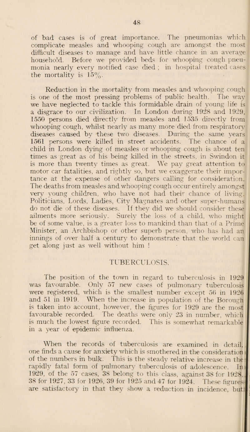 of bad cases is of great importance. The pneumonias which complicate measles and whooping cough are amongst the most difficult diseases to manage and have little chance in an average household. Before we provided beds for whooping cough pneu¬ monia nearly every notified case died ; in hospital treated cases the mortality is 15%. Reduction in the mortality from measles and whooping cough is one of the most pressing problems of public health. The way we have neglected to tackle this formidable drain of young life is a disgrace to our civilization. In London during 1928 and 1929, 1550 persons died directly from measles and 1535 directly from whooping cough, whilst nearly as many more died from respiratory diseases caused by these two diseases. During the same years 1561 persons were killed in street accidents. The chance of a child in London dying of measles or whooping cough is about ten times as great as of his being killed in the streets, in Swindon it is more than twenty times as great. We pay great attention to motor car fatalities, and rightly so, but we exaggerate their impor¬ tance at the expense of other dangers calling for consideration. The deaths from measles and whooping cough occur entirely amongst very young children, who have not had their chance of living. Politicians, Lords, Ladies, City Magnates and other super-humans do not die of these diseases. If they did we should consider these ailments more seriously. Surely the loss of a child, who might be of some value, is a greater loss to mankind than that of a Prime Minister, an Archbishop or other superb person, who has had an innings of over half a century to demonstrate that the world can get along just as well without him ! TUBERCULOSIS. The position of the town in regard to tuberculosis in 1929 was favourable. Only 57 new cases of pulmonary tuberculosis I were registered, which is the smallest number except 56 in 1926 i and 51 in 1919. When the increase in population of the Borough is taken into account, however, the figures for 1929 are the most favourable recorded. The deaths were only 23 in number, which j is much the lowest figure recorded. This is somewhat remarkable in a year of epidemic influenza. When the records of tuberculosis are examined in detail, one finds a cause for anxiety which is smothered in the consideration I of the numbers in bulk. This is the steady relative increase in the I rapidly fatal form of pulmonary tuberculosis of adolescence. In I 1929, of the 57 cases, 38 belong to this class, against 38 for 1928, I, 38 for 1927, 33 for 1926, 39 for 1925 and 47 for 1924. These figures;! are satisfactory in that they show a reduction in incidence, but:! :