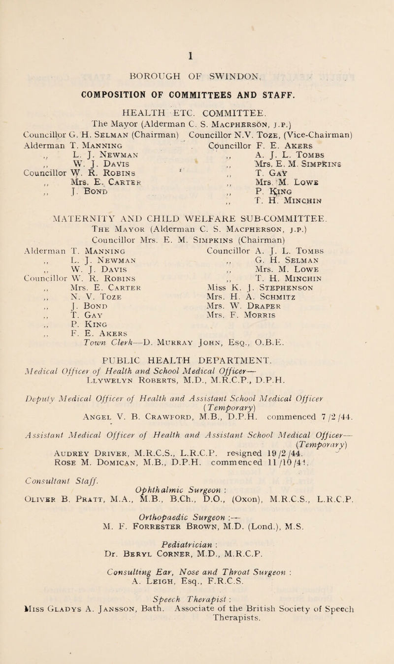 The following journeys were made by the ambulances : — 1944 1943 1942 1941 1940 Transport of Infectious cases 229 254 195 419 870 Transport of Non-Infectious ■ cases 701 1202 1097 907 846 Transport of Bedding for Disinfection and Laundry articles 748 1127 1380 4072 1910 Civil Defence Ambulance Journeys for transport of Non-Infectious cases 543 437 332 293 Bacteriological Examinations. The Ministry of Health laboratory at the Isolation Hospital has been of great service and is now an accepted part of the health services of the area. I would wish to mention my appreciation of the facilities for consultation which I have always received from Col. F. R. Coppinger, O.B.E., who is in charge of the laboratory. The number of specimens examined during the year was as follows ;— Swindon and North Wilts Victoria Hospital 1584 St. Margarets Hospital, Stratton 270 G.W.R. Medical Fund Society 598 Isolation Hospital 1234 Swindon Maternity Home ... 255 Public Health Department 951 Military Units 140 Private practitioners 283 Cricklade and Wootton Bassett Rural District 2 Malmesbury General Hospital 11 23rd General Hospital 1 Wilts County Council 1 Total 5330 Most of the Public Health work carried out by the Laboratory is naturally concerned with the investigation of infectious diseases. Examinations of swabs for diphtheria, examinations of discharges for haemolytic streptococci at the Maternity Home and a large number of examinations of faeces to exclude bowel infection amongst young children, were carried out for children in attendance at the War-time Nurseries. Other important work is also carried out for the children ; this includes investigations of the blood for anaemia, examinations of urine in voung children and also estimates of blood sedimentation rates in possible cases of rheumatism.