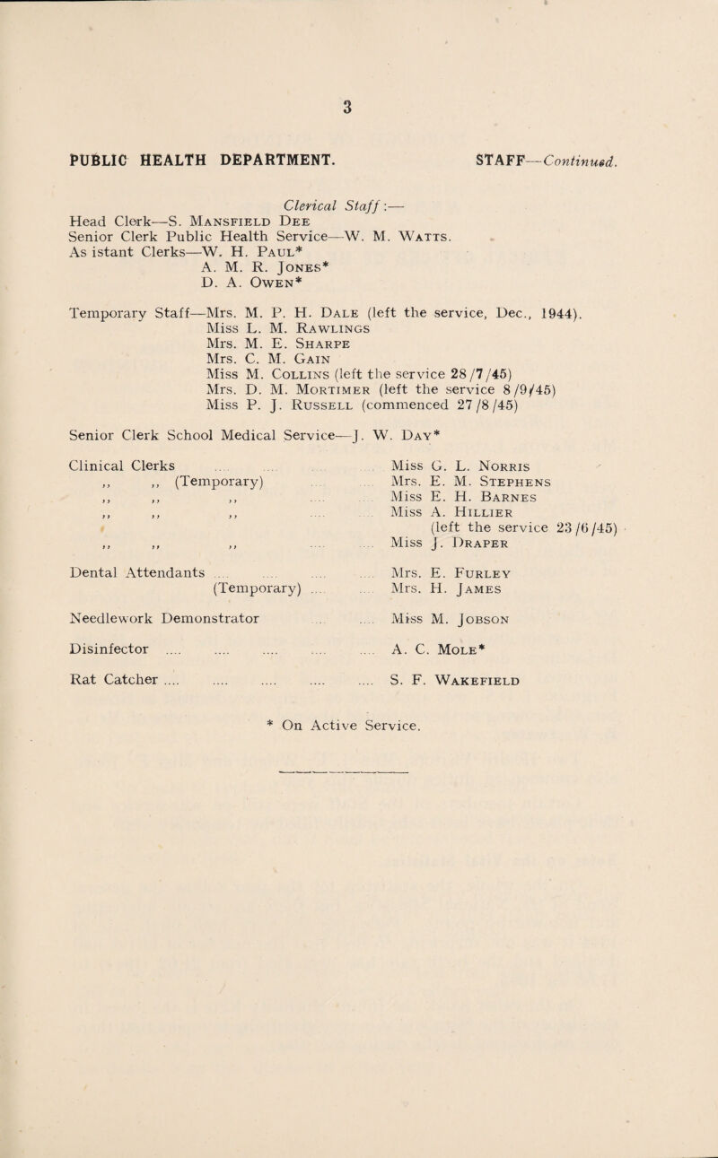 PUBLIC HEALTH DEPARTMENT. STAFF—Continued. Clerical Staff:— Head Clerk—S. Mansfield Dee Senior Clerk Public Health Service—W. M. Watts. As istant Clerks—W. H. Paul* A. M. R. Jones* D. A. Owen* Temporary Staff—Mrs. M, P. H. Dale (left the service, Dec., 1944). Miss L. M. Rawlings Mrs. M. E. Sharpe Mrs. C. M. Gain Miss M. Collins (left the service 28 /7/45) Mrs. D. M. Mortimer (left the service 8/9/45) Miss P. J. Russell (commenced 27/8/45) Senior Clerk School Medical Service—J. W. Day* Clinical Clerks ,, ,, (Temporary) y > y y y y y y y y y y y y y y y > Dental Attendants .... (Temporary) Needlework Demonstrator Disinfector Rat Catcher .... Miss G. L. Norris Mrs. E. M. Stephens Miss E. H. Barnes Miss A. Hillier (left the service 23 /6 /45) Miss J. Draper Mrs. E. Furley Mrs. H. James Miss M. Jobson A. C. Mole* S. F. Wakefield * On Active Service.