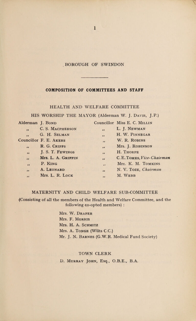 BOROUGH OF SWINDON COMPOSITION OF COMMITTEES AND STAFF HEALTH AND WELFARE COMMITTEE HIS WORSHIP THE MAYOR (Alderman W. J. Davis, J.P.) Alderman J. Bond Councillor Miss E. C. Millin 99 C. S. Macpherson 9 9 L. J. Newman 9 9 G. H. Selman 9 9 H. W. Pinnegar Councillor F. E. Akers 9 9 W. R. Robins ) 9 R. G. Cripps 99 Mrs. J. Robinson 99 J. S. T. Fewings 9 9 H. Thorpe 9 9 Mrs. L. A. Griffin 9 9 C. E. Tomes, Vice- Chairman 9 9 P. King 9 > Mrs. K. M. Tomkins 9 9 A. Leonard 9 9 N. V. Toze, Chairman 9 9 Mrs. L. R. Lock 9 9 M. Webb MATERNITY AND CHILD WELFARE SUB-COMMITTEE (Consisting of all the members of the Health and Welfare Committee, and the following co-opted members) : Mrs. W. Draper Mrs. F. Morris Mrs. H. A. Schmitz Mrs. A. Tonge (Wilts C.C.) Mr. J. N. Barnes (G.W.R. Medical Fund Society) TOWN CLERK D. Murray John, Esq., O.B.E., B.A.