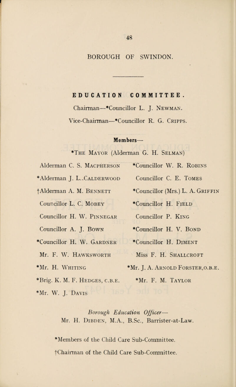 BOROUGH OF SWINDON. EDUCATION COMMITTEE. Chairman—*Councillor L. J. Newman. Vice-Chairman—♦Councillor R. G. Cripps. Members— *The Mayor (Alderman G. H. Selman) Alderman C. S. Macpherson ♦Councillor W. R. Robins ♦Alderman J. L..Calderwood Councillor C. E. Tomes f Alderman A. M. Bennett ♦Councillor (Mrs.) L. A. Griffin Councillor L. C. Mobey ♦Councillor H. Field Councillor H. W. Pinnegar Councillor P. King Councillor A. J. Bown ♦Councillor H. V. Bond ♦Councillor H. W. Gardner ♦Councillor H. Diment Mr. F. W. Hawksworth Miss F. H. Shallcroft *Mr. H. Whiting ♦Mr. J. A. Arnold Forster,o.b.e. ♦Brig. K. M. F. Hedges, c.b.e. ♦Mr. F. M. Taylor ♦Mr. W. J. Davis Borough Education Officer— Mr. H. Dibden, M.A., B.Sc., Barrister-at-Law. ♦Members of the Child Care Sub-Committee. fChairman of the Child Care Sub-Committee.