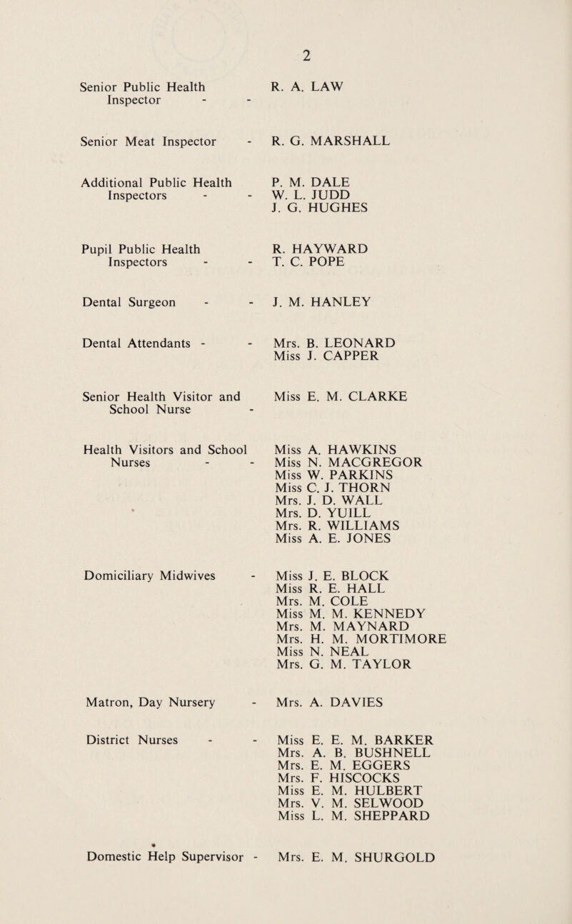 Senior Public Health Inspector Senior Meat Inspector Additional Public Health Inspectors Pupil Public Health Inspectors Dental Surgeon Dental Attendants - Senior Health Visitor and School Nurse Health Visitors and School Nurses Domiciliary Midwives Matron, Day Nursery District Nurses # Domestic Help Supervisor - R. A. LAW R. G. MARSHALL P. M. DALE W. L. JUDD J. G. HUGHES R. HAYWARD T. C. POPE J. M. HANLEY Mrs. B. LEONARD Miss J. CAPPER Miss E. M. CLARKE Miss A. HAWKINS Miss N. MACGREGOR Miss W. PARKINS Miss C. J. THORN Mrs. J. D. WALL Mrs. D. YU1LL Mrs. R. WILLIAMS Miss A. E. JONES Miss J. E. BLOCK Miss R. E. HALL Mrs. M. COLE Miss M. M. KENNEDY Mrs. M. MAYNARD Mrs. H. M. MORTIMORE Miss N. NEAL Mrs. G. M. TAYLOR Mrs. A. DAVIES Miss E. E. M. BARKER Mrs. A. B. BUSHNELL Mrs. E. M. EGGERS Mrs. F. HISCOCKS Miss E. M. HULBERT Mrs. V. M. SELWOOD Miss L. M. SHEPPARD Mrs. E. M. SHURGOLD