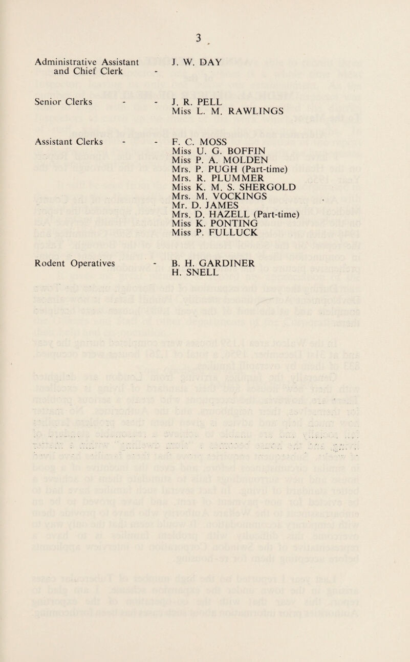 Administrative Assistant and Chief Clerk J. W. DAY Senior Clerks j PELL Miss L. M. RAWLINGS Assistant Clerks - F. C. MOSS Miss U. G. BOFFIN Miss P. A. MOLDEN Mrs. P. PUGH (Part-time) Mrs. R. PLUMMER Miss K. M. S. SHERGOLD Mrs. M. VOCKINGS Mr. D. JAMES Mrs. D. HAZELL (Part-time) Miss K. PONTING Miss P. FULLUCK Rodent Operatives B. H. GARDINER H. SNELL