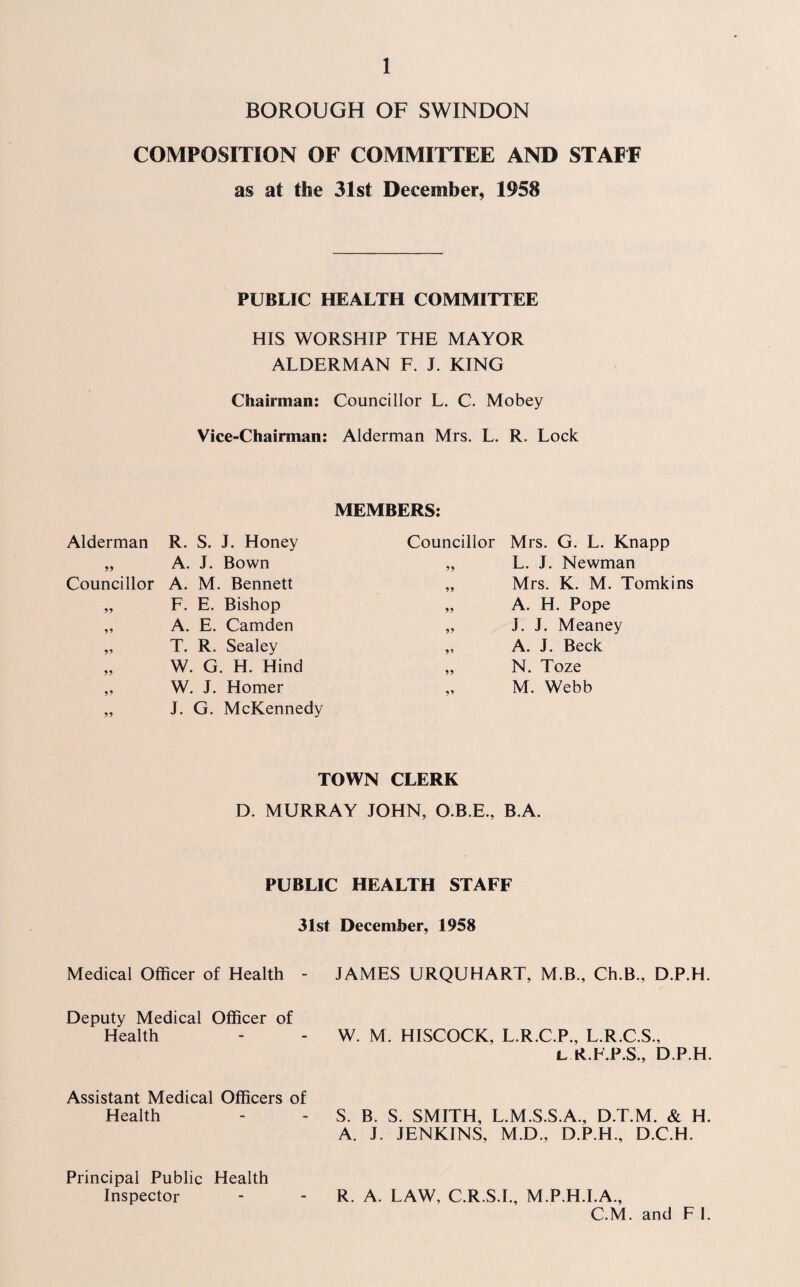 BOROUGH OF SWINDON COMPOSITION OF COMMITTEE AND STAFF as at the 31st December, 1958 PUBLIC HEALTH COMMITTEE HIS WORSHIP THE MAYOR ALDERMAN F. J. KING Chairman: Councillor L. C. Mobey Vice-Chairman: Alderman Mrs. L. R. Lock MEMBERS: Alderman R. S. J. Honey „ A. J. Bown Councillor A. M. Bennett „ F. E. Bishop „ A. E. Camden „ T. R. Sealey „ W. G. H. Hind „ W. J. Homer „ J. G. McKennedy Councillor Mrs. G. L. Knapp „ L. J. Newman „ Mrs. K. M. Tomkins „ A. H. Pope „ J. J. Meaney „ A. J. Beck „ N. Toze „ M. Webb TOWN CLERK D. MURRAY JOHN, O.B.E., B.A. PUBLIC HEALTH STAFF 31st December, 1958 Medical Officer of Health - JAMES URQUHART, M.B., Ch.B., D.P.H. Deputy Medical Officer of Health - - W. M. HISCOCK, L.R.C.P., L.R.C.S., l R.F.P.S., D.P.H. Assistant Medical Officers of Health - - S. B. S. SMITH, L.M.S.S.A., D.T.M. & H. A. J. JENKINS, M.D., D.P.H., D.C.H. Principal Public Health Inspector - - R. A. LAW, C.R.S.I., M.P.H.I.A., C.M. and F I.