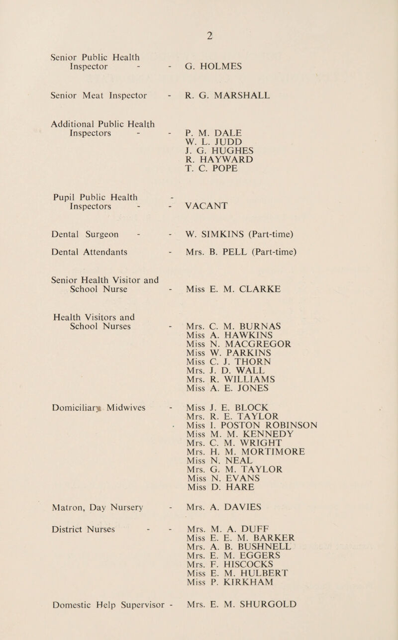 Senior Public Health Inspector Senior Meat Inspector Additional Public Health Inspectors Pupil Public Health Inspectors Dental Surgeon Dental Attendants Senior Health Visitor and School Nurse Health Visitors and School Nurses Domiciliary Midwives Matron, Day Nursery District Nurses Domestic Help Supervisor - G. HOLMES R. G. MARSHALL P. M. DALE W. L. JUDD J. G. HUGHES R. HAYWARD T. C. POPE VACANT W. SIMKINS (Part-time) Mrs. B. PELL (Part-time) Miss E. M. CLARKE Mrs. C. M. BURNAS Miss A. HAWKINS Miss N. MACGREGOR Miss W. PARKINS Miss C. J. THORN Mrs. J. D. WALL Mrs. R. WILLIAMS Miss A. E. JONES Miss J. E. BLOCK Mrs. R. E. TAYLOR Miss I. POSTON ROBINSON Miss M. M. KENNEDY Mrs. C. M. WRIGHT Mrs. H. M. MORTIMORE Miss N. NEAL Mrs. G. M. TAYLOR Miss N. EVANS Miss D. HARE Mrs. A. DAVIES Mrs. M. A. DUFF Miss E. E. M. BARKER Mrs. A. B. BUSHNELL Mrs. E. M. EGGERS Mrs. F. HISCOCKS Miss E. M. HULBERT Miss P. KIRKHAM Mrs. E. M. SHURGOLD