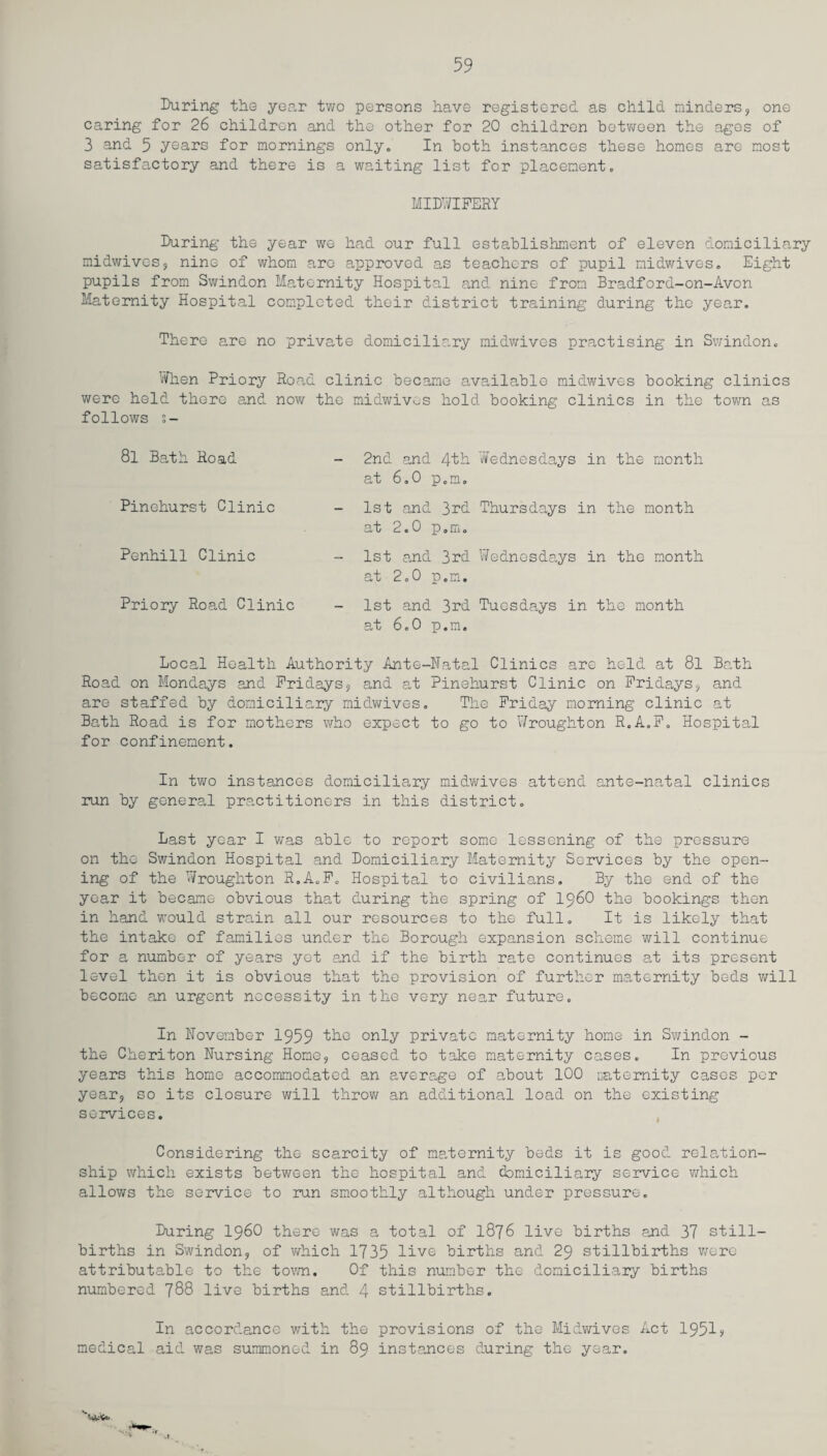 During the year two persons have registered as child minders, one caring for 26 children and the other for 20 children between the ages of 3 and 5 years for mornings only. In both instances these homes are most satisfactory and there is a waiting list for placement, MIDWIFERY During the year wo had our full establishment of eleven domiciliary midwives, nine of whom are approved as teachers of pupil midwives. Eight pupils from Swindon Maternity Hospital and nine from Bradford-on-Avon Maternity Hospital completed their district training during the year. There are no private domiciliary midwives practising in Swindon, When Priory Road clinic became available midwives booking clinics were held there and now the midwiv^s hold booking clinics in the town as follows s- 8l Bath Road Pinehurst Clinic Penhill Clinic Priory Road Clinic 2nd and 4th Vvednesdays in the month at 6.0 p.m. 1st and 3rd Thursdays in the month at 2.0 p.m. 1st and 3rd Wednesdays in the month at 2.0 p.m. 1st and 3rd Tuesdays in the month at 6.0 p.m. Local Health Authority Ante-Hatal Clinics arc held at 8l Bath Road on Mondays and Fridays, and at Pinehurst Clinic on Fridays, and are staffed by domiciliary midwives. The Friday morning clinic at Bath Road is for mothers who expect to go to Wrougliton R.A.F. Hospital for confinement. In two instances domiciliary midwives attend ante-natal clinics run by general practitioners in this district. Last year I was able to report some lessening of the pressure on the Swindon Hospital and Domiciliary Maternity Services by the open¬ ing of the Wroughton R.A.F. Hospital to civilians. By the end of the year it became obvious that during the spring of i960 the bookings then in hand would strain all our resources to the full. It is likely that the intake of families under the Borough expansion scheme will continue for a number of years yet and if the birth rate continues at its present level then it is obvious that the provision of further maternity beds will become an urgent necessity in the very near future. In November 1959 the only private maternity home in Swindon - the Cheriton Nursing Home, ceased to take maternity cases. In previous years this home accommodated an average of about 100 naternity cases per year, so its closure will throw an additional load on the existing services. Considering the scarcity of maternity beds it is good relation¬ ship which exists between the hospital and domiciliary service which allows the service to run smoothly although under pressure. During i960 there was a total of 1876 live births and 37 still¬ births in Swindon, of which 1735 live births and 29 stillbirths were attributable to the town. Of this number the domiciliary births numbered 788 live births and 4 stillbirths. In accordance with the provisions of the Midwives Act 1951? medical aid was summoned in 89 instances during the year.