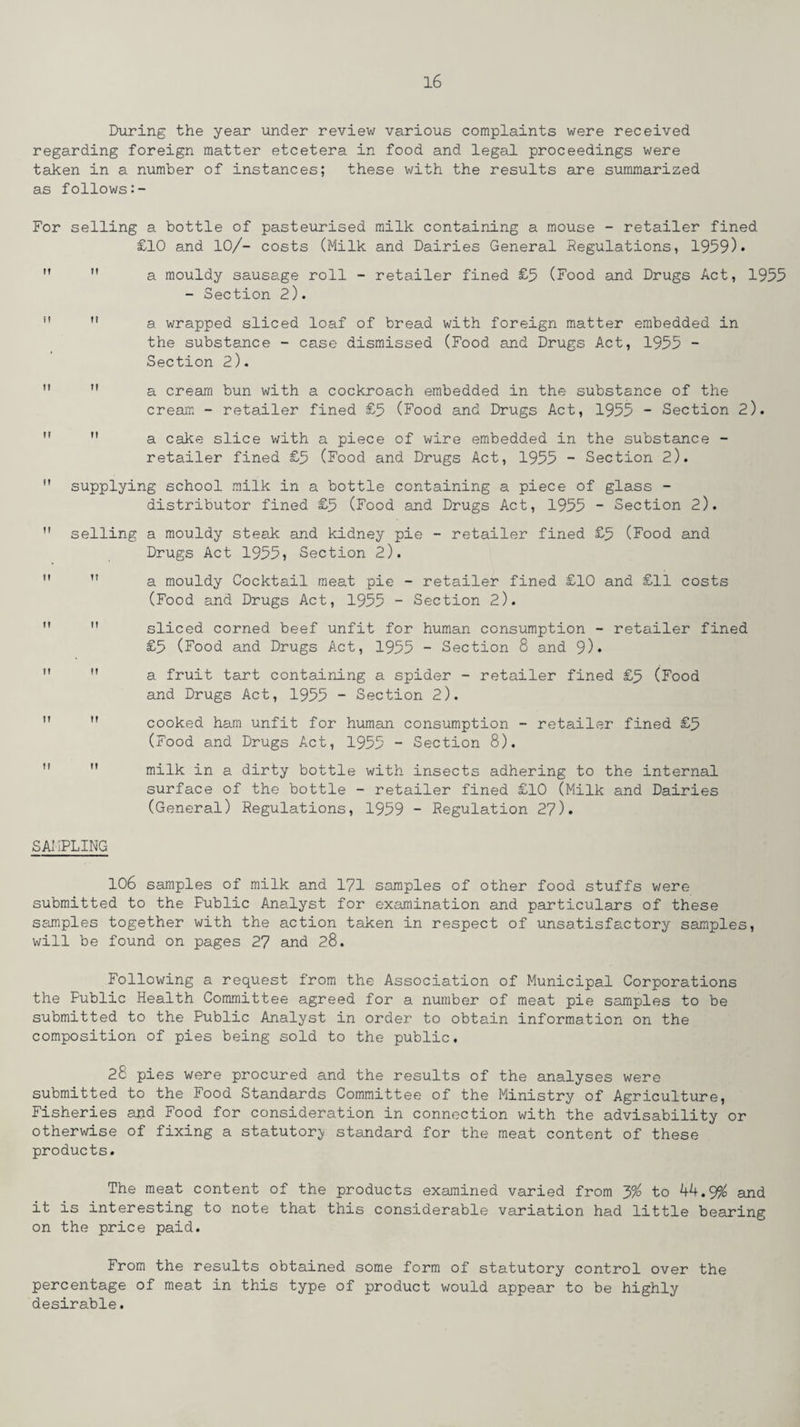 During the year under review various complaints were received regarding foreign matter etcetera in food and legal proceedings were taken in a number of instances; these with the results are summarized as follows For selling a bottle of pasteurised milk containing a mouse - retailer fined £10 and 10/- costs (Milk and Dairies General Regulations, 1959)* M M a mouldy sausage roll - retailer fined £5 (Food and Drugs Act, 1995 - Section 2). ”  a wrapped sliced loaf of bread with foreign matter embedded in the substance - case dismissed (Food and Drugs Act, 1955 - Section 2).  M a cream bun with a cockroach embedded in the substance of the cream - retailer fined £5 (Food and Drugs Act, 1955 - Section 2).   a cake slice with a piece of wire embedded in the substance - retailer fined £5 (Food and Drugs Act, 1955 - Section 2).  supplying school milk in a bottle containing a piece of glass - distributor fined £5 (Food and Drugs Act, 1955 - Section 2). M selling a mouldy steak and kidney pie - retailer fined £5 (Food and Drugs Act 1955, Section 2).  ” a mouldy Cocktail meat pie - retailer fined £10 and £11 costs (Food and Drugs Act, 1955 - Section 2).   sliced corned beef unfit for human consumption - retailer fined £5 (Food and Drugs Act, 1955 - Section 8 and 9)*   a fruit tart containing a spider - retailer fined £5 (Food and Drugs Act, 1955 - Section 2).   cooked ham unfit for human consumption - retailer fined £5 (Food and Drugs Act, 1955 - Section 8).   milk in a dirty bottle with insects adhering to the internal surface of the bottle - retailer fined £10 (Milk and Dairies (General) Regulations, 1959 - Regulation 27). SAMPLING 106 samples of milk and 171 samples of other food stuffs were submitted to the Fublic Analyst for examination and particulars of these samples together with the action taken in respect of unsatisfactory samples, will be found on pages 27 and 28. Following a request from the Association of Municipal Corporations the Public Health Committee agreed for a number of meat pie samples to be submitted to the Public Analyst in order to obtain information on the composition of pies being sold to the public. 28 pies were procured and the results of the analyses were submitted to the Food Standards Committee of the Ministry of Agriculture, Fisheries and Food for consideration in connection with the advisability or otherwise of fixing a statutory standard for the meat content of these products. The meat content of the products examined varied from 3% to 44.9% and it is interesting to note that this considerable variation had little bearing on the price paid. From the results obtained some form of statutory control over the percentage of meat in this type of product would appear to be highly desirable.