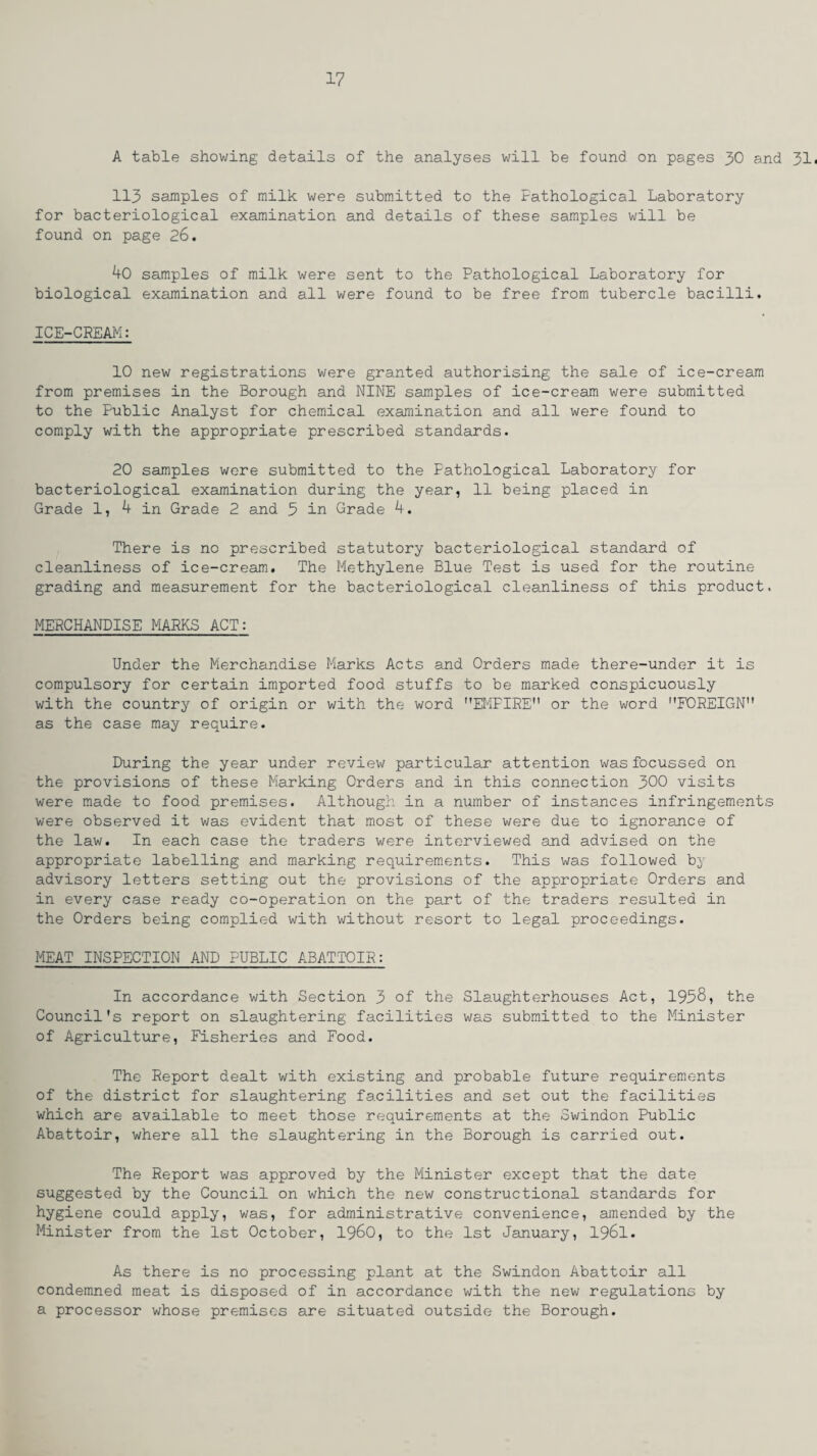 A table showing details of the analyses will be found on pages 30 and 31 113 samples of milk were submitted to the Fathological Laboratory for bacteriological examination and details of these samples will be found on page 26. 40 samples of milk were sent to the Pathological Laboratory for biological examination and all were found to be free from tubercle bacilli. ICE-CREAM: 10 new registrations were granted authorising the sale of ice-cream from premises in the Borough and NINE samples of ice-cream were submitted to the Public Analyst for chemical examination and all were found to comply with the appropriate prescribed standards. 20 samples were submitted to the Pathological Laboratory for bacteriological examination during the year, 11 being placed in Grade 1, 4 in Grade 2 and 5 in Grade 4. There is no prescribed statutory bacteriological standard of cleanliness of ice-cream. The Methylene Blue Test is used for the routine grading and measurement for the bacteriological cleanliness of this product. MERCHANDISE MARKS ACT: Under the Merchandise Marks Acts and Orders made there-under it is compulsory for certain imported food stuffs to be marked conspicuously with the country of origin or with the word EMPIRE or the word FOREIGN as the case may require. During the year under review particular attention was focussed on the provisions of these Marking Orders and in this connection 300 visits were made to food premises. Although in a number of instances infringements were observed it was evident that most of these were due to ignorance of the law. In each case the traders were interviewed and advised on the appropriate labelling and marking requirements. This was followed by advisory letters setting out the provisions of the appropriate Orders and in every case ready co-operation on the part of the traders resulted in the Orders being complied with without resort to legal proceedings. MEAT INSPECTION AND PUBLIC ABATTOIR: In accordance with Section 3 of the Slaughterhouses Act, 1958, the Council's report on slaughtering facilities was submitted to the Minister of Agriculture, Fisheries and Food. The Report dealt with existing and probable future requirements of the district for slaughtering facilities and set out the facilities which are available to meet those requirements at the Swindon Public Abattoir, where all the slaughtering in the Borough is carried out. The Report was approved by the Minister except that the date suggested by the Council on which the new constructional standards for hygiene could apply, was, for administrative convenience, amended by the Minister from the 1st October, I960, to the 1st January, 1961. As there is no processing plant at the Swindon Abattoir all condemned meat is disposed of in accordance with the new regulations by a processor whose premises are situated outside the Borough.