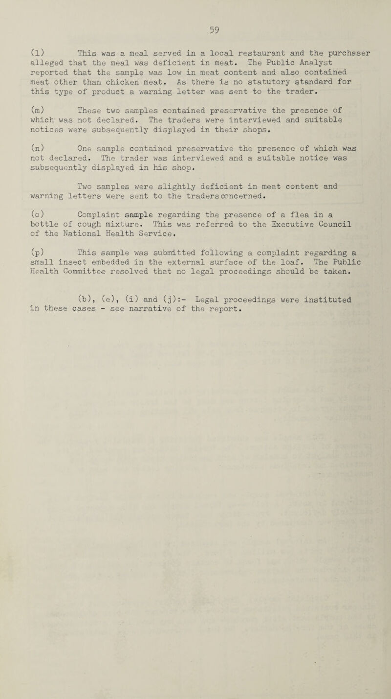 (l) This was a meal served in a local restaurant and the purchaser alleged that the meal was deficient in meat. The Public Analyst reported that the sample was low in meat content and also contained meat other than chicken meat. As there is no statutory standard for this type of product a warning letter was sent to the trader. (m) These two samples contained preservative the presence of which was not declared. The traders were interviewed and suitable notices were subsequently displayed in their shops. (n) One sample contained preservative the presence of which was not declared. The trader was interviewed and a suitable notice was subsequently displayed in his shop. Two samples were slightly deficient in meat content and warning letters were sent to the traders concerned. (o) Complaint sample regarding the presence of a flea in a bottle of cough mixture. This was referred to the Executive Council of the National Health Service. (p) This sample was submitted following a complaint regarding a small insect embedded in the external surface of the loaf. The Public Health Committee resolved that no legal proceedings should be taken. (b), (e), (i) and (3):- Legal proceedings were instituted in these cases - see narrative of the report.