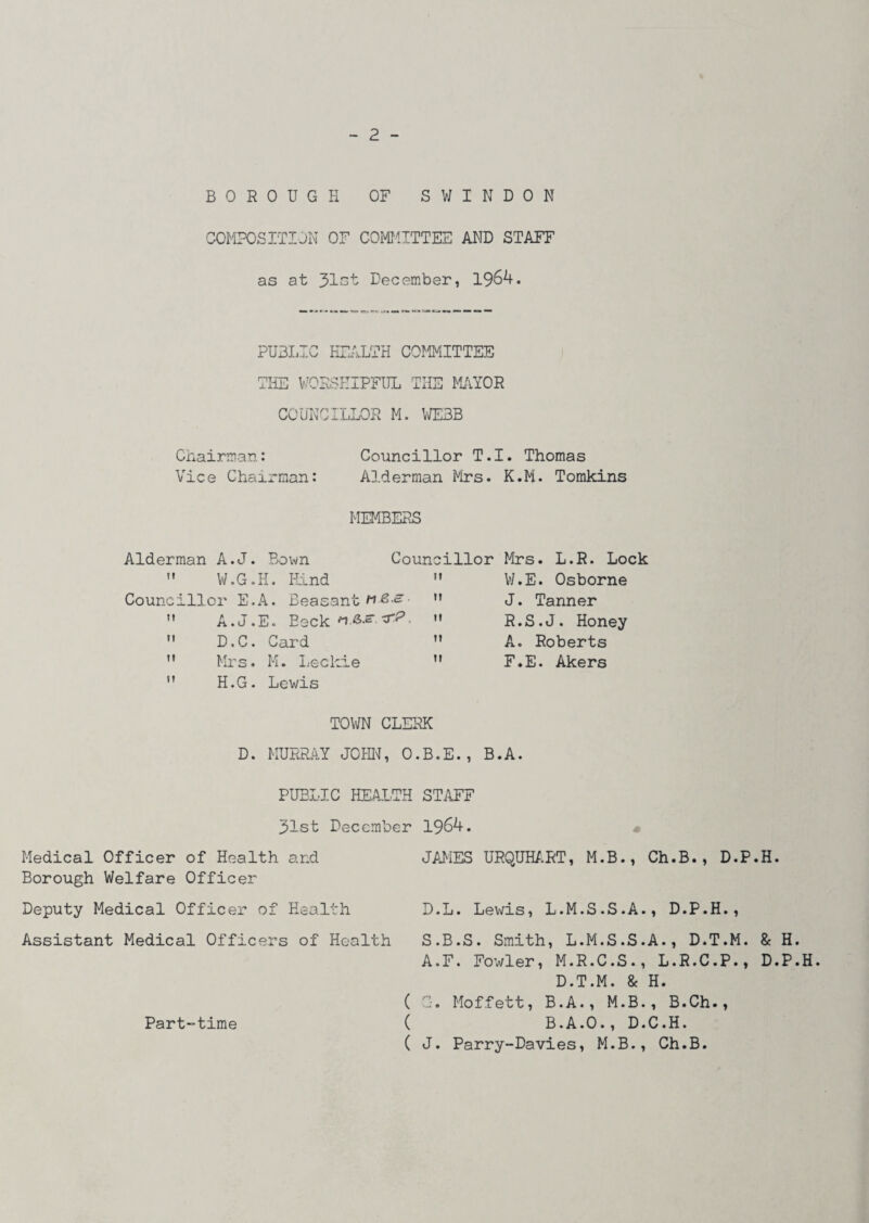 -2- BOROUGH OF SWINDON COMPOSITION OF COMMITTEE AND STAFF as at 31st December, 1964. PUBLIC HEALTH COMMITTEE THE WORSHIPFUL THE MAYOR COUNCILLOR M. WEBB Chairman: Councillor T.I. Thomas Vice Chairman: Alderman Mrs. K.M. Tomkins MEMBERS Alderman A.J. Bown Councillor Mrs. L.R. Lock W.G.H. Hind M W.E. Osborne cillor E.A. Beasant n6.e- t! J. Tanner A.J.E. Beck It R.S.J. Honey D.C. Card tl A. Roberts M Mrs. M. Leckie tl F.E. Akers n H.G. Lewis TOWN CLERK D. MURRAY JOHN, O.B.E., B.A. PUBLIC HEALTH STAFF 31st December 1964. » Medical Officer of Health and JAMES URQUHART, M.B., Ch.B Borough Welfare Officer Deputy Medical Officer of Health D.L. Lewis, L.M.S.S.A., D. Assistant Medical Officers of Health S.B.S. Smith, L.M.S.S.A., A.F. Fowler, M.R.C.S., L.R D.T.M. & H. ( C-. Moffett, B.A., M.B., B. ( B.A.O., D.C.H. ( J. Parry-Davies, M.B., Ch. i., D.P.H. P.H., D.T.M. & H. !.C.P., D.P.H. Ch., B. Part-time