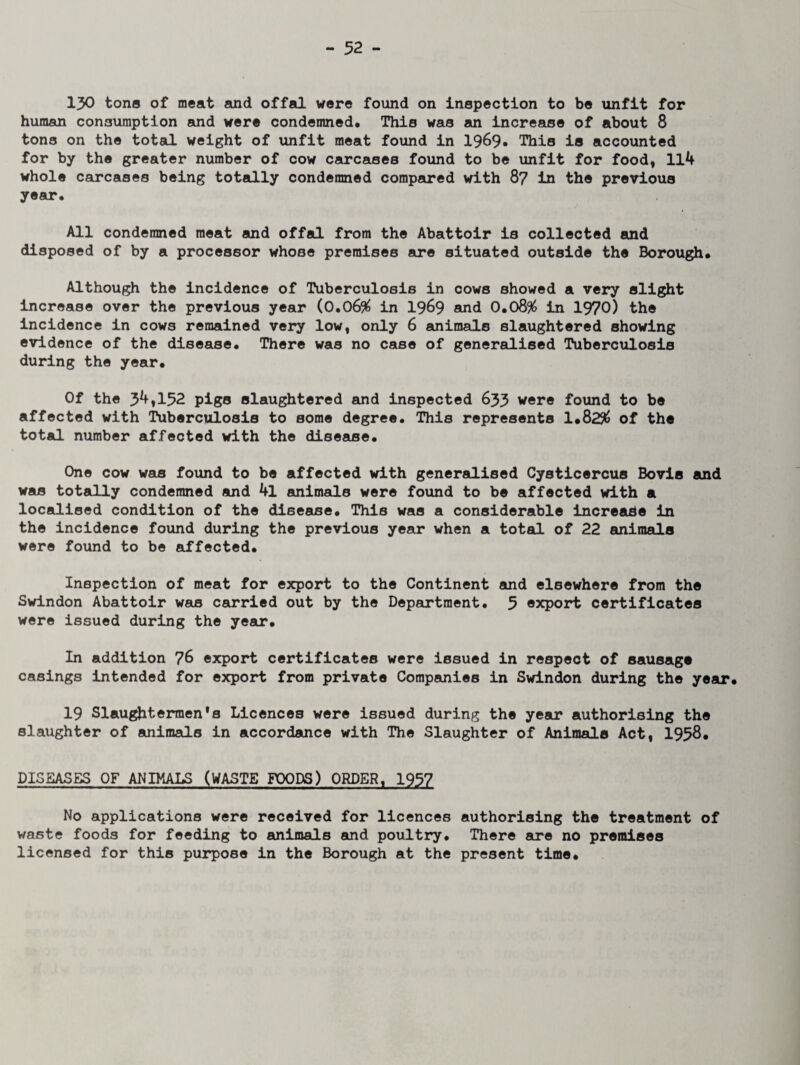 130 tons of meat and offal were found on inspection to be unfit for human consumption and were condemned. This was an increase of about 8 tons on the total weight of unfit meat found in 1969* This is accounted for by the greater number of cow carcases found to be unfit for food, 114 whole carcases being totally condemned compared with 87 in the previous year. All condemned meat and offal from the Abattoir is collected and disposed of by a processor whose premises are situated outside the Borough, Although the incidence of Tuberculosis in cows showed a very slight increase over the previous year (0.06# in 1969 and 0.08% in 1970) the incidence in cows remained very low, only 6 animals slaughtered showing evidence of the disease. There was no case of generalised Tuberculosis during the year. Of the 34,152 pigs slaughtered and inspected 633 were found to be affected with Tuberculosis to some degree. This represents 1,82# of the total number affected with the disease. One cow was found to be affected with generalised Cysticercus Bovis and was totally condemned and 4l animals were found to be affected with a localised condition of the disease. This was a considerable increase in the incidence found during the previous year when a total of 22 animals were found to be affected. Inspection of meat for export to the Continent and elsewhere from the Swindon Abattoir was carried out by the Department. 5 export certificates were issued during the year. In addition 76 export certificates were issued in respect of sausage casings intended for export from private Companies in Swindon during the year. 19 Slaughtermen’s Licences were issued during the year authorising the slaughter of animals in accordance with The Slaughter of Animals Act, 1958. DISEASES OF ANIMALS (WASTE FOODS) ORDER, 1957 No applications were received for licences authorising the treatment of waste foods for feeding to animals and poultry. There are no premises licensed for this purpose in the Borough at the present time.