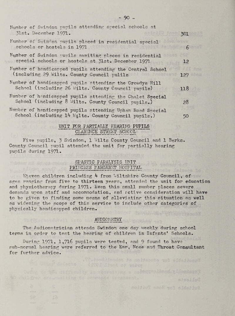 Number of Swindon pupils attending- special schools at 31st. December 1971• 301 Number of Swindon pupils placed in residential special schools or hostel.3 in 1971 6 Number of Swindon runils awaiting places in residential special schools or hostels at 31st. December 1971 12 Number of handicapped pupils attending the Central School (including 29 Wilts. County Council pulils 127 Number of handicapped pupils attending the Crowdys Hill School (including 26 Wilts. County Council pupils) 118 Number of handicapped pupils attending the Chalet Special School (including 8 Wilts. County Council pupils.) 28 Number of handicapped pupils attending Upham Road Special School (including 14 V.'-^lts. County Council pupils.) ^>0 UNIT FOR PARTIALLY HEARING PUPILS CLARENCE STREET SCHOOL Five pupils, 3 Swindon, 1 Wilts County Council and 1 Berks. County Council pupil attended the unit for partially hearing pupils during 1971* SPASTIC PARALYSIS UNIT PRINCESS* MARGARET HOSPITAL Eleven children including 4 from Wiltshire County Council, of ages ranging from five to thirteen years, attended the unit for education and physiotherapy during 1971* Even this small number places severe demands upon staff and accommodation, and active consideration will have to be given to finding some means of alleviating this situation as well as widening the scope of this service to include other categories of physically handicapped children. AUDIOMETRY The Audiometrician attends Swindon one day weekly during school terms in ord^r to test the hearing of children in Infants' Schools. During 1971, 1,716 pupils were tested, and 9 found to have sub-normal hearing were referred to the Ear, Nose and Throat Consultant for further advice.