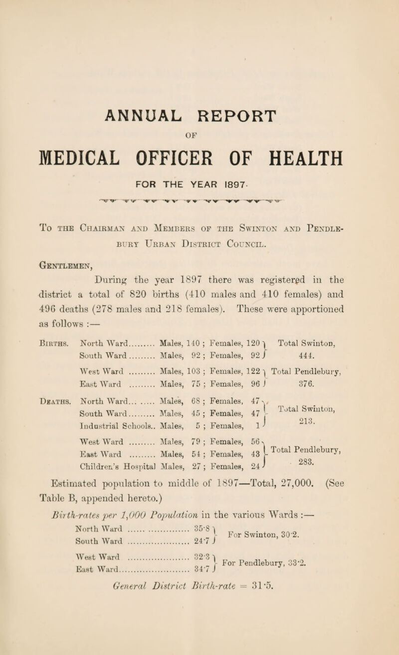 ANNUAL REPORT OF MEDICAL OFFICER OF HEALTH FOR THE YEAR 1897- 'nyr 'nyr ■•qir'iq)*' '**%|grqtgp Htf*' To the Chairman and Members of the Swinton and Pendle bury Urban District Council. Gentlemen, During the year 1897 there was registered in the district a total of 820 births (410 males and 410 females) and 496 deaths (278 males and 218 females). These were apportioned as follows :— Births. North Ward. Males, South Ward. Males, West Ward . Males, East Ward . Males, Deaths. North Ward. Males, South Ward. Males, Industrial Schools.. Males, West Ward . Males, East Ward . Males, Children’s Hospital Males, 140 ; Females, 120 Total SwiutoD, 92; Females, 92 J 444. 103 ; Females, 122') Total Pendlebury, 75 ; Females, 96 J 376. 68 ; Females, 47 >. 45 ; Females, 47 - T',tal Sw!nton' 91 ‘3 5 ; Females, 1 ' 79 ; Females, 56 > 54 ; Females, 43 l Total Pe»dlebury, 27 ; Females, 24 1 Estimated population to middle of 1897—Total, 27,000. Table B, appended hereto.) Birth-rates per 1,000 Population in the various Wards :— North Ward South Ward 35'8 l For Swinton, 30 2. 247 J (See West Ward East Ward. 347 J For Pendlebury, 33*2. General District Birtli-rate — 31 *5.