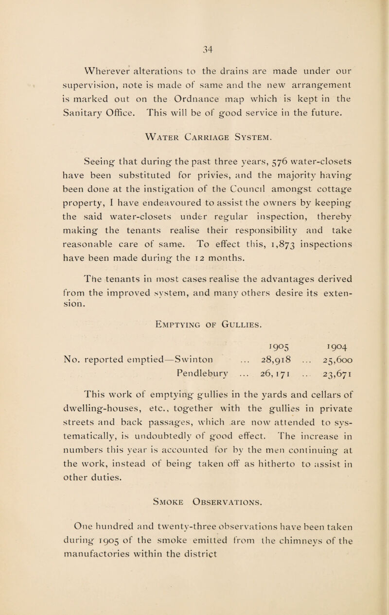Wherever alterations to the drains are made under our supervision, note is made of same and the new arrangement is marked out on the Ordnance map which is kept in the Sanitary Office. This will be of good service in the future. Water Carriage System. Seeing that during the past three years, 576 water-closets have been substituted for privies, and the majority having been done at the instigation of the Council amongst cottage property, I have endeavoured to assist the owners by keeping the said water-closets under regular inspection, thereby making the tenants realise their responsibility and take reasonable care of same. To effect this, 1,873 inspections have been made during the 12 months. The tenants in most cases realise the advantages derived from the improved system, and many others desire its exten¬ sion. Emptying of Gullies. I9°5 1904 No. reported emptied — Swinton ... 28,918 ... 25,600 Pendlebury ... 26,171 ... 23,671 This work of emptying gullies in the yards and cellars of dwelling-houses, etc., together with the gullies in private streets and back passages, which are now attended to sys¬ tematically, is undoubtedly of good effect. The increase in numbers this year is accounted for by the men continuing at the work, instead of being taken off as hitherto to assist in other duties. Smoke Observations. One hundred and twenty-three observations have been taken during 1905 of the smoke emitted from the chimneys of the manufactories within the district