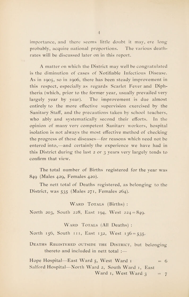 importance, and there seems little doubt it may, ere long probably, acquire national proportions. The various death- rates will be discussed later on in this report. A matter on which the District may well be congratulated is the diminution of cases of Notifiable Infectious Disease. As in 1905, so in 1906, there has been steady improvement in this respect, especially as regards Scarlet Fever and Diph¬ theria (which, prior to the former year, usually prevailed very largely year by year). The improvement is due almost entirely to the more effective supervision exercised by the Sanitary Staff, and the precautions taken by school teachers, who ably and systematically second their efforts. In the opinion of many very competent Sanitary workers, hospital isolation is not always the most effective method of checking the progress of these diseases—for reasons which need not be entered into,—and certainly the experience we have had in this District during- the last 2 or 3 years very largely tends to confirm that view. The total number of Births registered for the year was 849 (Males 429, Females 420). The nett total of Deaths registered, as belonging to the District, was 535 (Males 271, Females 264). Ward Totals (Births) : North 203, South 228, East 194, West 224 = 849. Ward Totals (All Deaths) : North 156, South hi, East 132, West 136 = 535. Deaths Registered outside the District, but belong-inp- thereto and included in nett total : — Hope Hospital—East Ward 5, West Ward 1 = 6 Salford Hospital—North Ward 2, South Ward 1, East Ward 1, West Ward 3 =7