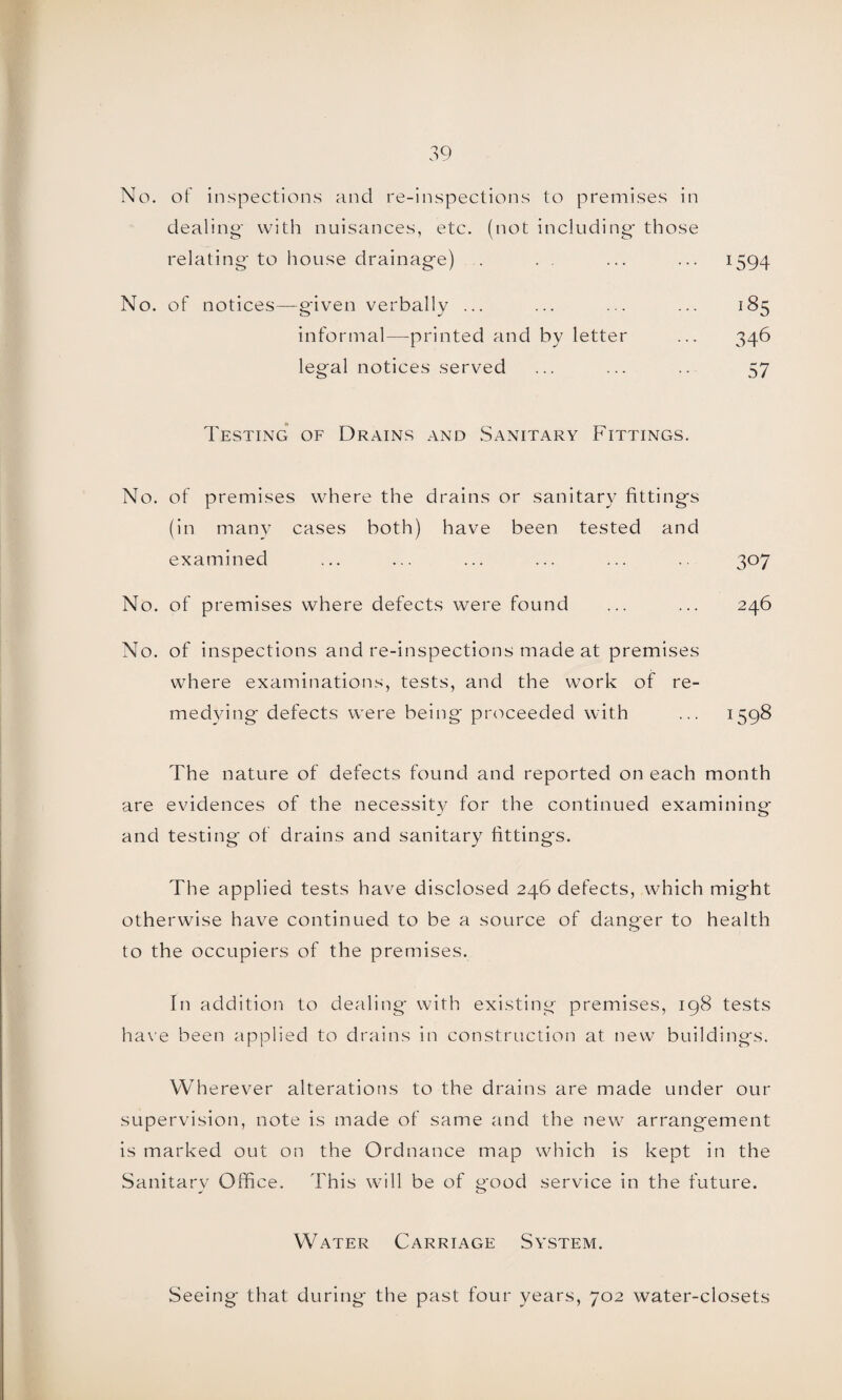 No. of inspections and re-inspections to premises in dealing' with nuisances, etc. (not including’ those relating- to house drainage) . . . ... ... 1594 No. of notices—-given verbally ... informal—printed and by letter legal notices served 185 346 57 Testing of Drains and Sanitary Fittings. No. of premises where the drains or sanitary fittings (in many cases both) have been tested and examined ... ... ... ... ... .. 307 No. of premises where defects were found ... ... 246 No. of inspections and re-inspections made at premises where examinations, tests, and the work of re¬ medying defects were being proceeded with ... 1598 The nature of defects found and reported on each month are evidences of the necessity for the continued examining and testing* of drains and sanitary fittings. The applied tests have disclosed 246 defects, which might otherwise have continued to be a source of danger to health to the occupiers of the premises. In addition to dealing with existing premises, 198 tests have been applied to drains in construction at new buildings. Wherever alterations to the drains are made under our supervision, note is made of same and the new arrangement is marked out on the Ordnance map which is kept in the Sanitarv Office. This will be of good service in the future. Water Carriage System. Seeing that during the past four years, 702 water-closets