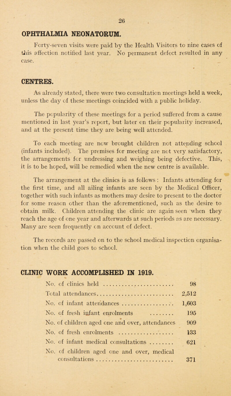 OPHTHALMIA NEONATORUM. Forty-seven visits were paid by the Health Visitors to nine cases of this affection notified last year. No permanent defect resulted in any case. CENTRES. As already stated, there were two consultation meetings held a week, unless the day of these meetings coincided with a public holiday. The popularity of these meetings for a period suffered from a cause mentioned in last year’s report, but later on their popularity increased, and at the present time they are being well attended. To each meeting are now brought children not attending school (infants included). The premises for meeting are not very satisfactory, the arrangements for undressing and weighing being defective. This, it is to be hoped, will be remedied when the new centre is available. The arrangement at the clinics is as follows : Infants attending for the first time, and all ailing infants are seen by the Medical Officer, together with such infants as mothers may desire to present to the doctor for some reason other than the aforementioned, such as the desire to obtain milk. Children attending the clinic are again seen when they reach the age of one year and afterwards at such periods as are necessary. Many are seen frequently on account of defect. The records are passed on to the school medical inspection organisa¬ tion when the child goes to school. CLINIC WORK ACCOMPLISHED IN 1919. No. of clinics held .* 98 Total attendances. 2,512 No. of infant attendances. 1,603 No. of fresh infant enrolments . 195 No. of children aged one and over, attendances 909 No. of fresh enrolments .. 133 No. of infant medical consultations. 621 No. of children aged one and over, medical consultations . . .:. 371