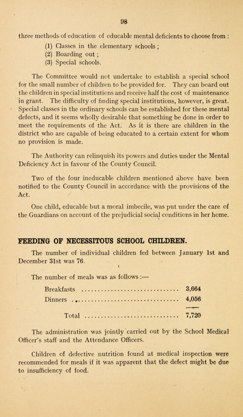 three methods of education of cducable mental deficients to choose from : (1) Classes in the elementary schools ; (2) Boarding out; (3) Special schools. The Committee would not undertake to establish a special school for the small number of children to be provided for. They can board out the children in special institutions and receive half the cost of maintenance in grant. The difficulty of finding special institutions, however, is great. Special classes in the ordinary schools can be established for these mental defects, and it seems wholly desirable that something be done in order to meet the requirements of the Act. As it is there are children in the district who are capable of being educated to a certain extent for whom no provision is made. The Authority can relinquish its powers and duties under the Mental Deficiency Act in favour of the County Council. Two of the four ineducable children mentioned above have been notified to the County Council in accordance with the provisions of the Act. J One child, educable but a moral imbecile, was put under the care of the Guardians on account of the prejudicial social conditions in her home. FEEDING OF NECESSITOUS SCHOOL CHILDREN. The number of individual children fed between January 1st and December 31st was 76. The number of meals was as follows:— Breakfasts .*... 3,664 Dinners . *....*. 4,056 Total .... 7,720 The administration was jointly carried out by the School Medical Officer’s staff and the Attendance Officers. Children of defective nutrition found at medical inspection were recommended for meals if it was apparent that the defect might be due to insufficiency of food.