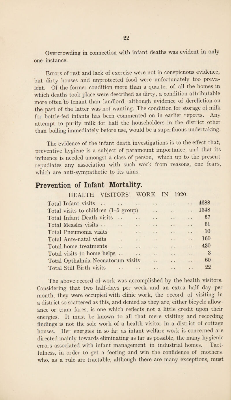 Overcrowding in connection with infant deaths was evident in only one instance. Errors of rest and lack of exercise were not in conspicuous evidence, but dirty houses and unprotected food were unfortunately too preva¬ lent. Of the former condition more than a quarter of all the homes in which deaths took place were described as dirty, a condition attributable more often to tenant than landlord, although evidence of dereliction on the part of the latter was not wanting. The condition for storage of milk for bottle-fed infants has been commented on in earlier reports. Any attempt to purify milk for half the householders in the district other than boiling immediately before use, would be a superfluous undertaking. The evidence of the infant death investigations is to the effect that, preventive hygiene is a subject of paramount importance, and that its influence is needed amongst a class of person, which up to the present repudiates any association with such work from reasons, one fears, which are anti-sympathetic to its aims. Prevention of Infant Mortality. HEALTH VISITORS’ WORK IN 1920. Total Infant visits • • .. 4688 Total visits to children (1-5 group) .. 1548 Total Infant Death visits 67 Total Measles visits 61 Total Pneumonia visits 10 Total Ante-natal visits 160 Total home treatments .. 430 Total visits to home helps 3 Total Opthalmia Neonatorum visits 60 Total Still Birth visits • • 22 The above record of work was accomplished by the health visitors. Considering that two half-days per week and an extra half day per month, they were occupied with clinic work, the record of visiting in a district so scattered as this, and denied as they are, either bicycle allow¬ ance or tram fares, is one which reflects not a little credit upon their energies. It must be known to all that mere visiting and recording findings is not the sole work of a health visitor in a district of cottage houses. Her energies in so far as infant welfare work is concerned are directed mainly towards eliminating as far as possible, the many hygienic errors associated with infant management in industrial homes. Tact¬ fulness, in order to get a footing and win the confidence of mothers, who, as a rule are tractable, although there are many exceptions, must