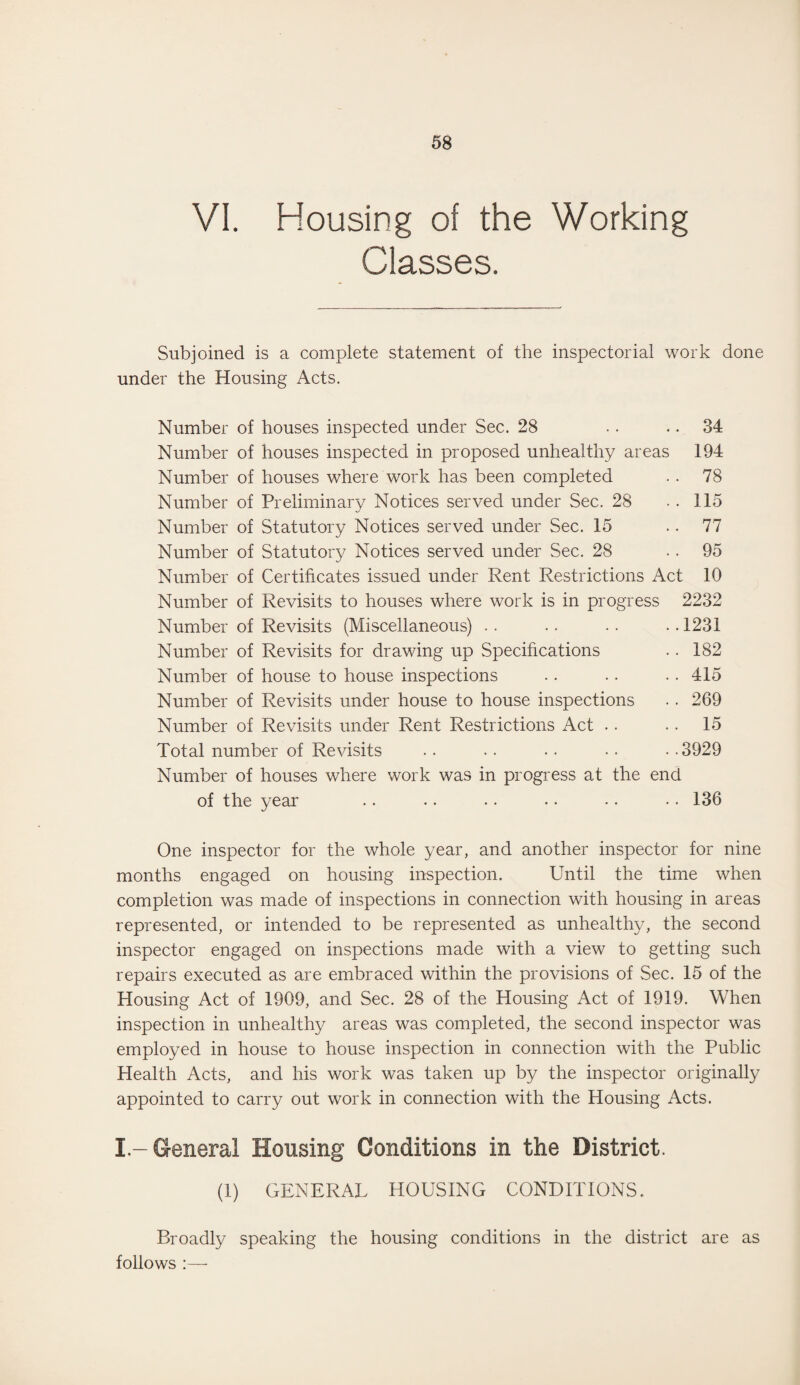 VI. Housing of the Working Classes. Subjoined is a complete statement of the inspectorial work done under the Housing Acts. Number of houses inspected under Sec. 28 .. 34 Number of houses inspected in proposed unhealthy areas 194 Number of houses where work has been completed . . 78 Number of Preliminary Notices served under Sec. 28 .. 115 Number of Statutory Notices served under Sec. 15 77 Number of Statutory Notices served under Sec. 28 . . 95 Number of Certificates issued under Rent Restrictions Act 10 Number of Revisits to houses where work is in progress 2232 Number of Revisits (Miscellaneous) .. .. .. .. 1231 Number of Revisits for drawing up Specifications .. 182 Number of house to house inspections .. .. .. 415 Number of Revisits under house to house inspections .. 269 Number of Revisits under Rent Restrictions Act .. .. 15 Total number of Revisits .. .. .. • • • -3929 Number of houses where work was in progress at the end of the year .. .. .. .• -• •• 136 One inspector for the whole year, and another inspector for nine months engaged on housing inspection. Until the time when completion was made of inspections in connection with housing in areas represented, or intended to be represented as unhealthy, the second inspector engaged on inspections made with a view to getting such repairs executed as are embraced within the provisions of Sec. 15 of the Housing Act of 1909, and Sec. 28 of the Housing Act of 1919. When inspection in unhealthy areas was completed, the second inspector was employed in house to house inspection in connection with the Public Health Acts, and his work was taken up by the inspector originally appointed to carry out work in connection with the Housing Acts. I - General Housing Conditions in the District. (1) GENERAL HOUSING CONDITIONS. Broadly speaking the housing conditions in the district are as follows :—