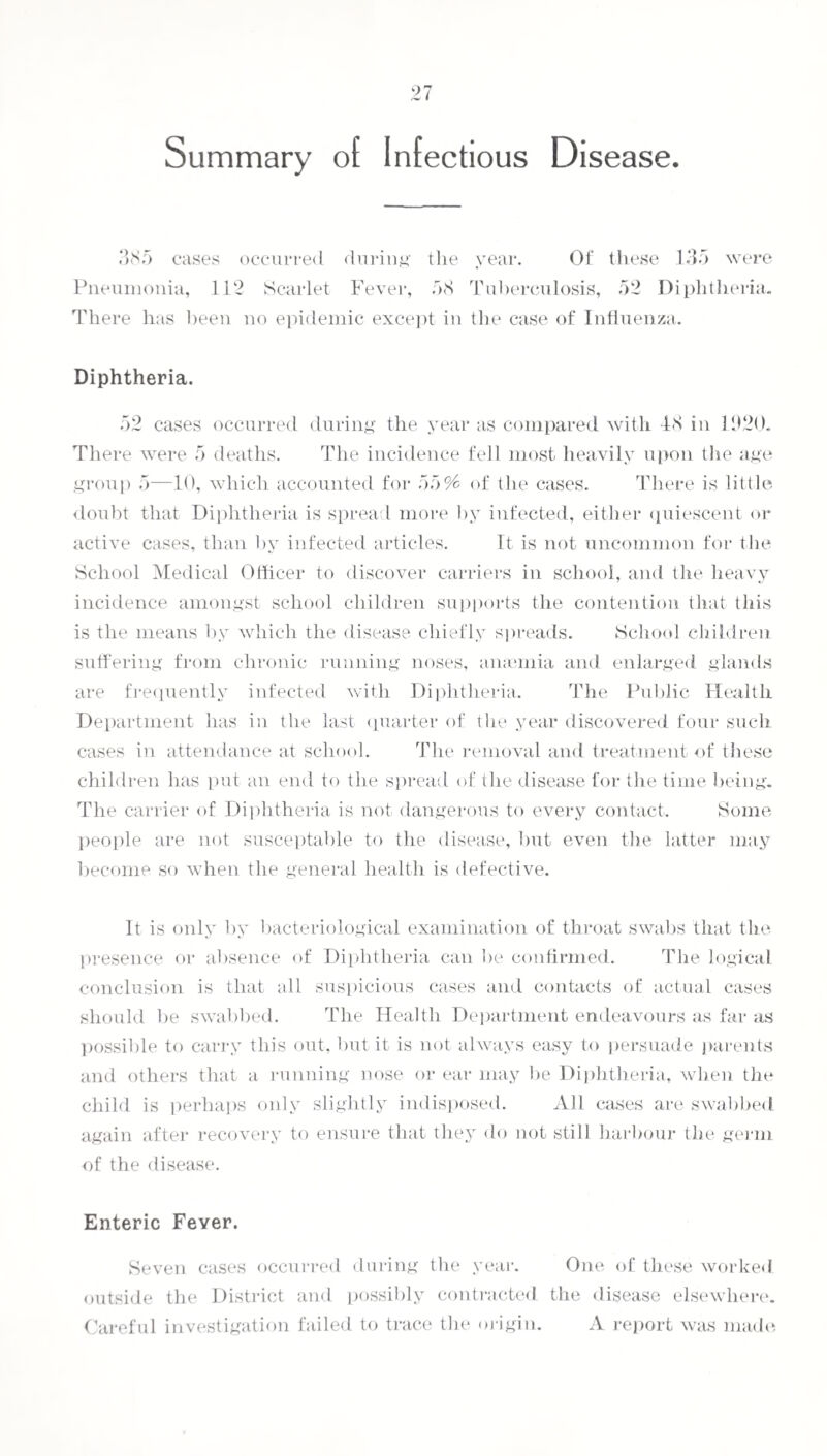 Little progress has been made in the conversion of privy middens. This is regrettable. A much more energetic ])olicy is indicated if we are to maintain our health statistics at a low level. Other necessities of the District are the abolition of refuse tips, and the provision of an Isolation Hospital. When the latter lias been provided it is to be hoped that accommodation will he available for certain cases of Measles and Pneumonia where the home conditions, including nursing, are adverse. The Vital Statistics of 1 d21 afford abundant proof of the wisdom of the general health policy pursued by the Council, and provide a stimulus to continued effort on the lines indicated Much has been accomplished, and much remains to be done. I beg to thank the Council for their courtesy and consideration at all times, and take the opportunity to thank my brother officials for their help and cordial co-operation in my work. I have the honour to remain, Your obedient servant.