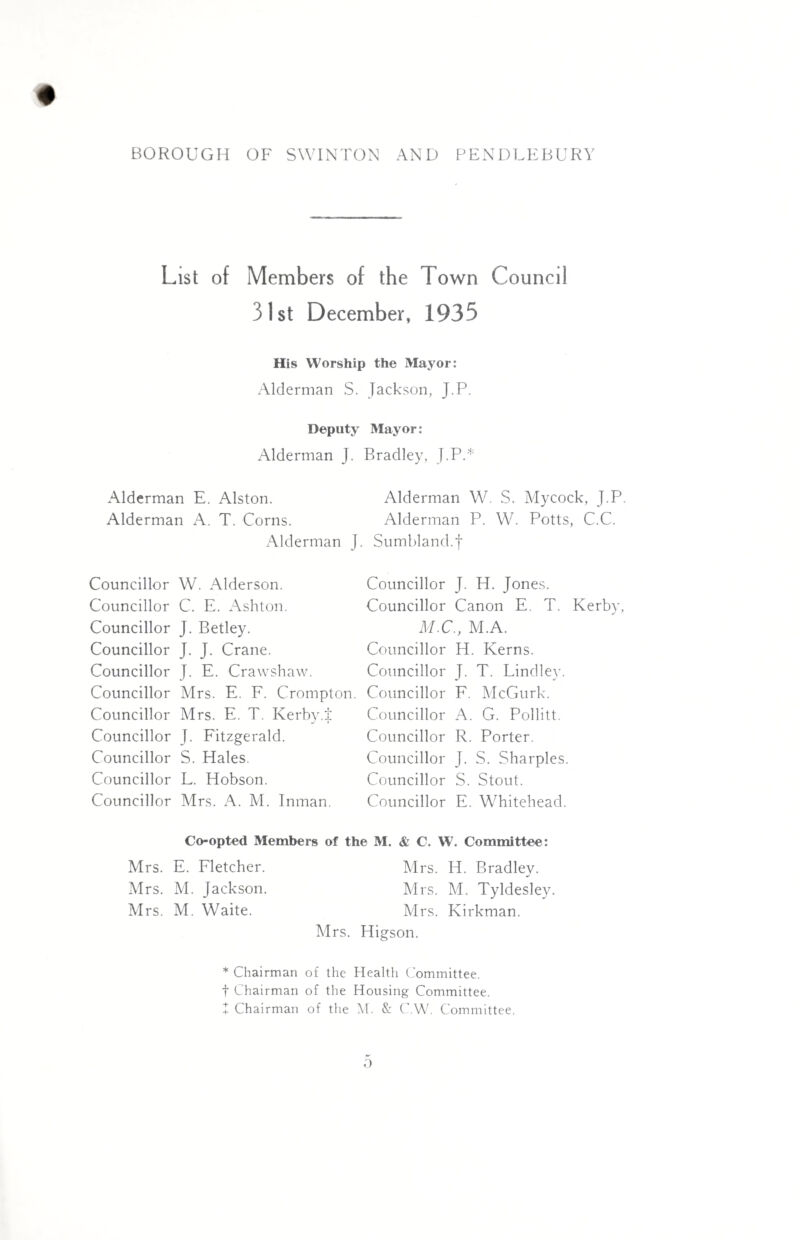 List of Members of the Town Council 31st December, 1935 His Worship the Mayor: Alderman S. Jackson, J.P. Deputy Mayor: Alderman J. Bradley, J.P.* Alderman E. Alston. Alderman W. S. Mycock, J.P. Alderman A. T. Corns. Alderman P. W. Potts, C.C. Alderman J. Sumbland.f Councillor W. Alderson. Councillor C. E. Ashton. Councillor J. Betley. Councillor J. J. Crane. Councillor J. E. Crawshaw. Councillor Mrs. E. F. Crompton. Councillor Mrs. E. T. Kerby.J Councillor J. Fitzgerald. Councillor S. Hales. Councillor L. Hobson. Councillor Mrs. A. M. Inman. Councillor J. H. Jones. Councillor Canon E. T. Kerby, M.C., M.A. Councillor H. Kerns. Councillor J. T. Lindley. Councillor F. McGurk. Councillor A. G. Pollitt. Councillor R. Porter. Councillor J. S. Sharpies. Councillor S. Stout. Councillor E. Whitehead. Co-opted Members of the M. & C. W. Committee: Mrs. E. Fletcher. Mrs. H. Bradley. Mrs. M. Jackson. Mrs. M. Tyldesley. Mrs. M. Waite. Mrs. Kirkman. Mrs. Higson. * Chairman of the Health Committee, t Chairman of the Housing Committee, t Chairman of the M. & C.W. Committee.