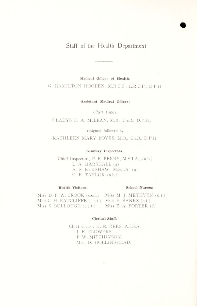 Staff of the Health Department Medical Officer of Health: G. HAMILTON HOG HEN, M.E.C.S., L.R.C.P., D.P.H. Assistant Medical Officer: (Part time). GLADYS F. A. McLEAN, M.B., Ch.B., D.P.H., resigned, followed by KATHLEEN MARY BOYES, M.B., Ch.B., D.P.H. Sanitary Inspectors: Chief Inspector; P. E. BERRY, M.S.I.A., (a.b.) L. A. MARSHALL (a) A. S. KERSHAW, M.S.I.A. (a) G. E. TAYLOR (a.b.) Heafth Visitors: Miss D. F. W. CROOK (c.e.f.) Miss C. M. RATCLIFFE (c.e.f.) Miss S. BULLOUGH (c.e.f.) School Nurses: Miss M. J. METHVEN (d.f.) Miss E. BANKS (e.f.) Miss E. A. PORTER (f.) Clerical Staff: Chief Clerk : H. R. REES, A.I.S.A. J. E. FLOWERS. B. W. MITCHINSON. Miss D. HOLLINSHEAD.