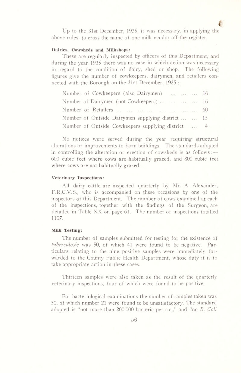 Up to the 31st December, 1935, it was necessary, in applying the above rules, to cross the name of one milk vendor off the register. Dairies, Cowsheds and Milkshops: These are regularly inspected by officers of this Department, and during the year 1935 there was no case in which action was necessary in regard to the condition of dairy, shed or shop. The following figures give the number of cowkeepers, dairymen, and retailers con¬ nected with the Borough on the 31st December, 1935 : Number of Cowkeepers (also Dairymen) . 16 Number of Dairymen (not Cowkeepers). 16 Number of Retailers. 60 Number of Outside Dairymen supplying district. 15 Number of Outside Cowkeepers supplying district ... 4 No notices were served during the year requiring structural alterations or improvements to farm buildings. The standards adopted in controlling the alteration or erection of cowsheds is as follows :— 600 cubic feet where cows are habitually grazed, and 800 cubic feet where cows are not habitually grazed. Veterinary Inspections: All dairy cattle are inspected quarterly by Mr. A. Alexander, F.R.C.V.S., who is accompanied on these occasions by one of the inspectors of this Department. The number of cows examined at each of the inspections, together with the findings of the Surgeon, are detailed in Table XX on page 61. The number of inspections totalled 1107. Milk Testing: The number of samples submitted for testing for the existence of tuberculosis was 50, of which 41 were found to be negative. Par¬ ticulars relating to the nine positive samples were immediately for¬ warded to the County Public Health Department, whose duty it is to take appropriate action in these cases. Thirteen samples were also taken as the result of the quarterly veterinary inspections, four of which were found to be positive. For bacteriological examinations the number of samples taken was 50, of which number 21 were found to be unsatisfactory. The standard adopted is “not more than 200,000 bacteria per c.c.,” and “no B. Coli