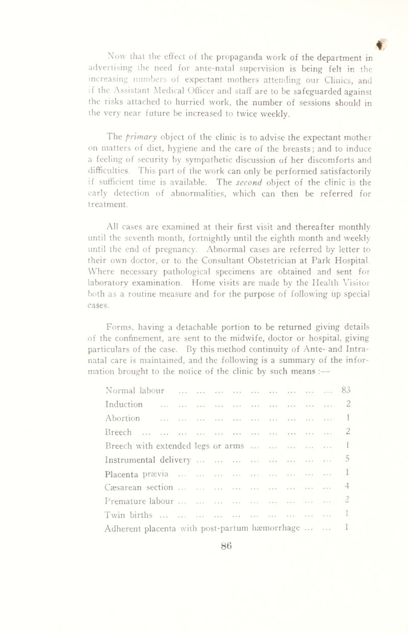 Now that the effect of the propaganda work of the department in advertising the need for ante-natal supervision is being felt in the increasing numbers of expectant mothers attending our Clinics, and if the Assistant Medical Officer and staff are to be safeguarded against the risks attached to hurried work, the number of sessions should in the very near future be increased to twice weekly. The primary object of the clinic is to advise the expectant mother on matters of diet, hygiene and the care of the breasts; and to induce a feeling of security by sympathetic discussion of her discomforts and difficulties. This part of the work can only be performed satisfactorily if sufficient time is available. The second object of the clinic is the early detection of abnormalities, which can then be referred for treatment. All cases are examined at their first visit and thereafter monthly until the seventh month, fortnightly until the eighth month and weekly until the end of pregnancy. Abnormal cases are referred by letter to their own doctor, or to the Consultant Obstetrician at Park Hospital. Where necessary pathological specimens are obtained and sent for laboratory examination. Home visits are made by the Health Visitor both as a routine measure and for the purpose of following up special cases. Forms, having a detachable portion to be returned giving details of the confinement, are sent to the midwife, doctor or hospital, giving particulars of the case. By this method continuity of Ante- and Intra- natal care is maintained, and the following is a summary of the infor¬ mation brought to the notice of the clinic by such means :— Normal labour . Induction . Abortion . Breech . Breech with extended legs or arms Instrumental delivery. Placenta praevia ... . Caesarean section. Premature labour. Twin births . Adherent placenta with post-partum . 83 . 2 . 1 . 2 . 1 . 5 . 1 . 4 . 2 . 1 haemorrhage. 1