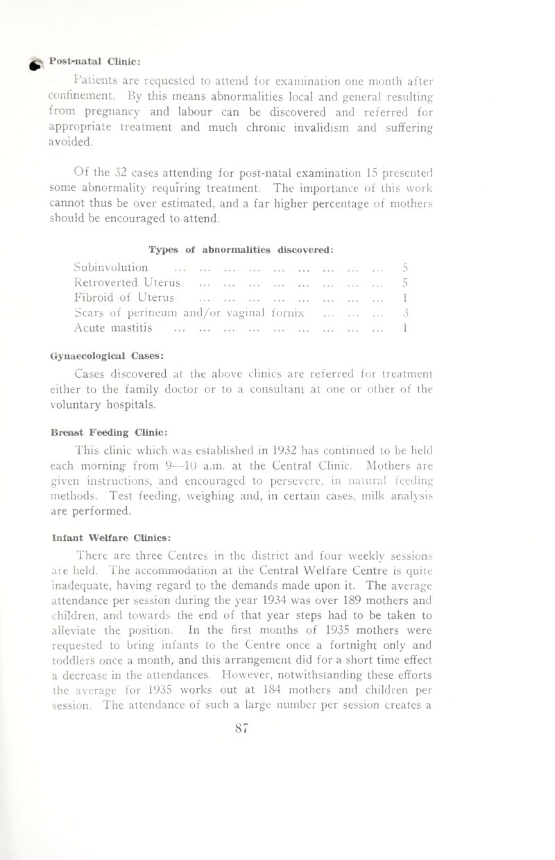 Post-natal Clinic: Patients are requested to attend for examination one month after confinement. By this means abnormalities local and general resulting from pregnancy and labour can be discovered and referred for appropriate treatment and much chronic invalidism and suffering avoided. Of the 32 cases attending for post-natal examination 15 presented some abnormality requiring treatment. The importance of this work cannot thus be over estimated, and a far higher percentage of mothers should be encouraged to attend. Types of abnormalities discovered: Subinvolution . 5 Retroverted Uterus . 5 Fibroid of Uterus . 1 Scars of perineum and/or vaginal fornix . 3 Acute mastitis . 1 Gynaecological Cases: Cases discovered at the above clinics are referred for treatment either to the family doctor or to a consultant at one or other of the voluntary hospitals. Breast Feeding Clinic: This clinic which was established in 1932 has continued to be held each morning from 9—10 a.m. at the Central Clinic. Mothers are given instructions, and encouraged to persevere, in natural feeding methods. Test feeding, weighing and, in certain cases, milk analysis are performed. Infant Welfare Clinics: There are three Centres in the district and four weekly sessions are held. The accommodation at the Central Welfare Centre is quite inadequate, having regard to the demands made upon it. The average attendance per session during the year 1934 was over 189 mothers and children, and towards the end of that year steps had to be taken to alleviate the position. In the first months of 1935 mothers were requested to bring infants to the Centre once a fortnight only and toddlers once a month, and this arrangement did for a short time effect a decrease in the attendances. However, notwithstanding these efforts the average for 1935 works out at 184 mothers and children per session. The attendance of such a large number per session creates a