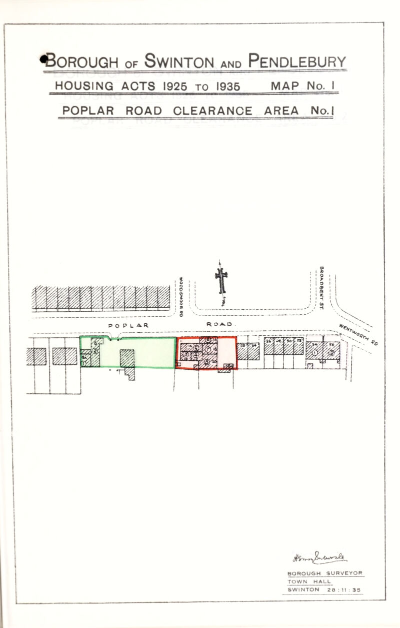 HOUSING ACTS 1925 TO 1935 MAP No. 1 POPLAR ROAD CLEARANCE AREA No. 1 borough surveyor TOWN HALL